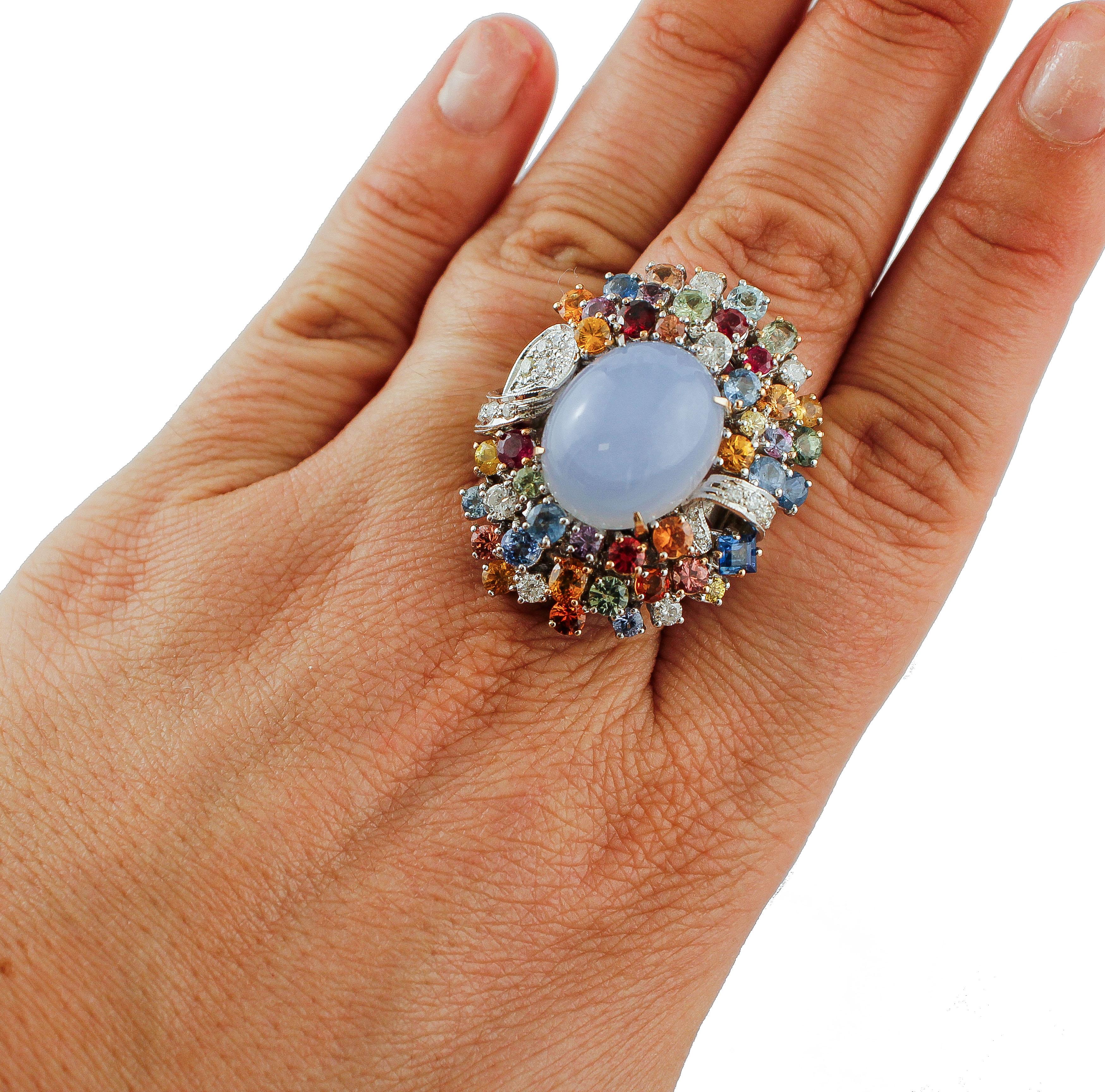 Diamonds, Rubies, Sapphires, Chalcedony, 14 Karat White Gold Cocktail Ring In Good Condition For Sale In Marcianise, Marcianise (CE)