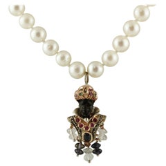 Vintage Diamonds Rubies Sapphires Emeralds Rock Crystal Pink Stone Pearl Ebony Necklace