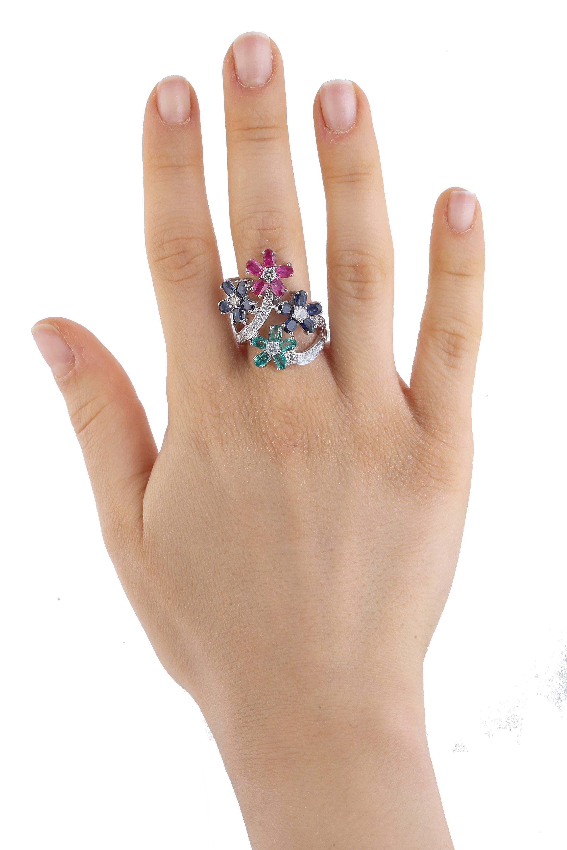 Women's Diamonds Rubies Sapphires Emeralds White Gold Ring