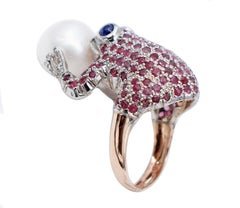Diamonds, Rubies, Sapphires, Pearl, 9 Karat Rose Gold and Silver Frog Shape Ring