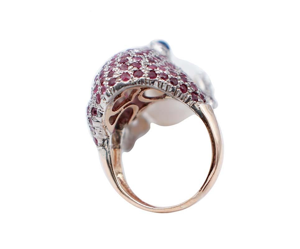 Retro Diamonds, Rubies, Sapphires, Pearl, 9 Karat Rose Gold and Silver Frog Shape Ring For Sale