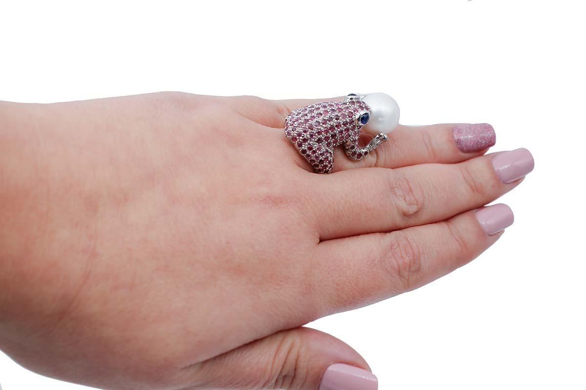 Diamonds, Rubies, Sapphires, Pearl, 9 Karat Rose Gold and Silver Frog Shape Ring In New Condition For Sale In Marcianise, Marcianise (CE)