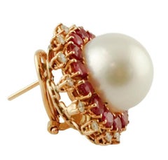 Diamonds, Rubies, South Sea Pearls, 14 Karat Yellow Gold, Vintage Stud Earrings