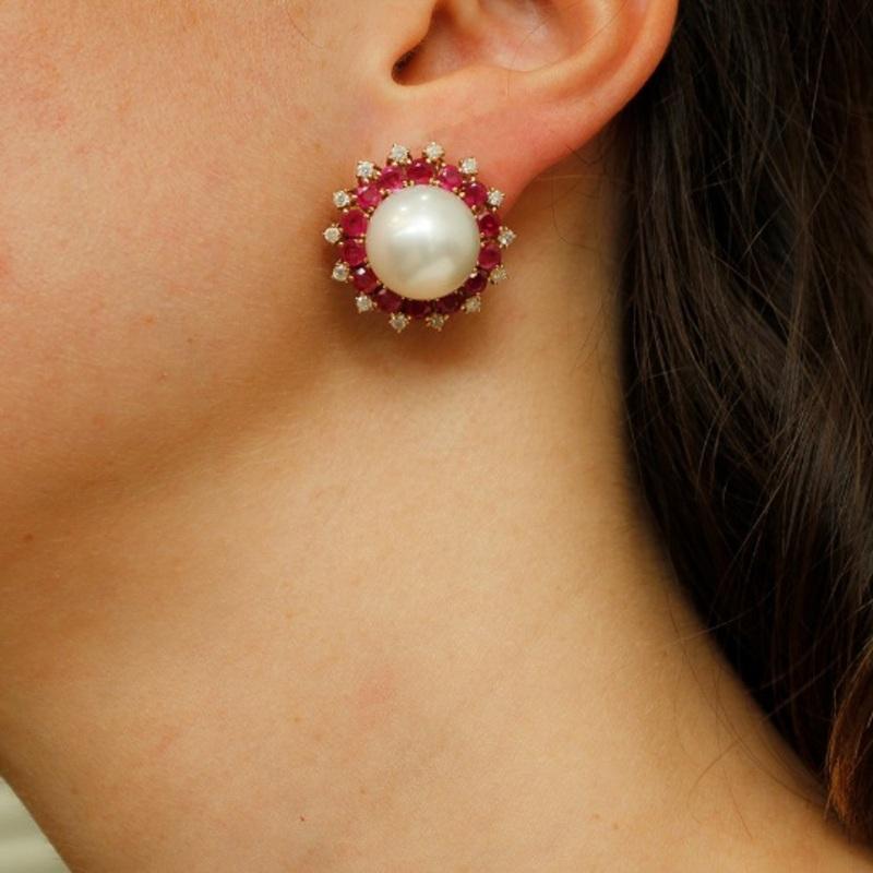 Women's Diamonds, Rubies, South Sea Pearls, 14 Karat Yellow Gold, Vintage Stud Earrings