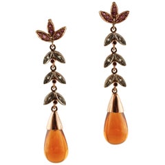 Diamonds, Rubies, Topazes, 9 Karat Rose Gold and Silver Dangle Earrings Diamonds, Rubies, Topazes, 9 Karat Rose Gold and Silver Dangle Earrings