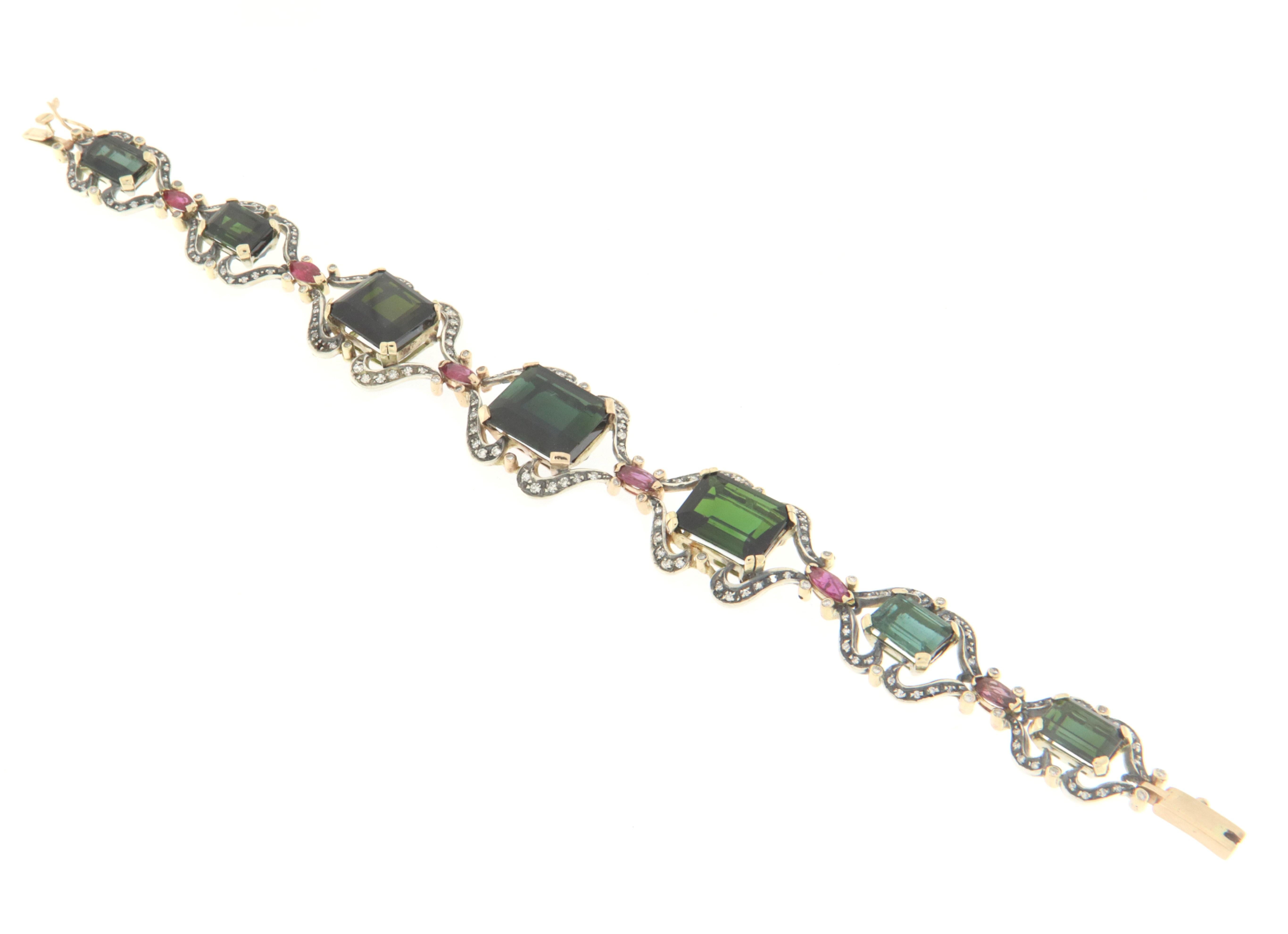 Bracelet manchette en or blanc 14 carats diamants rubis tourmaline Neuf - En vente à Marcianise, IT