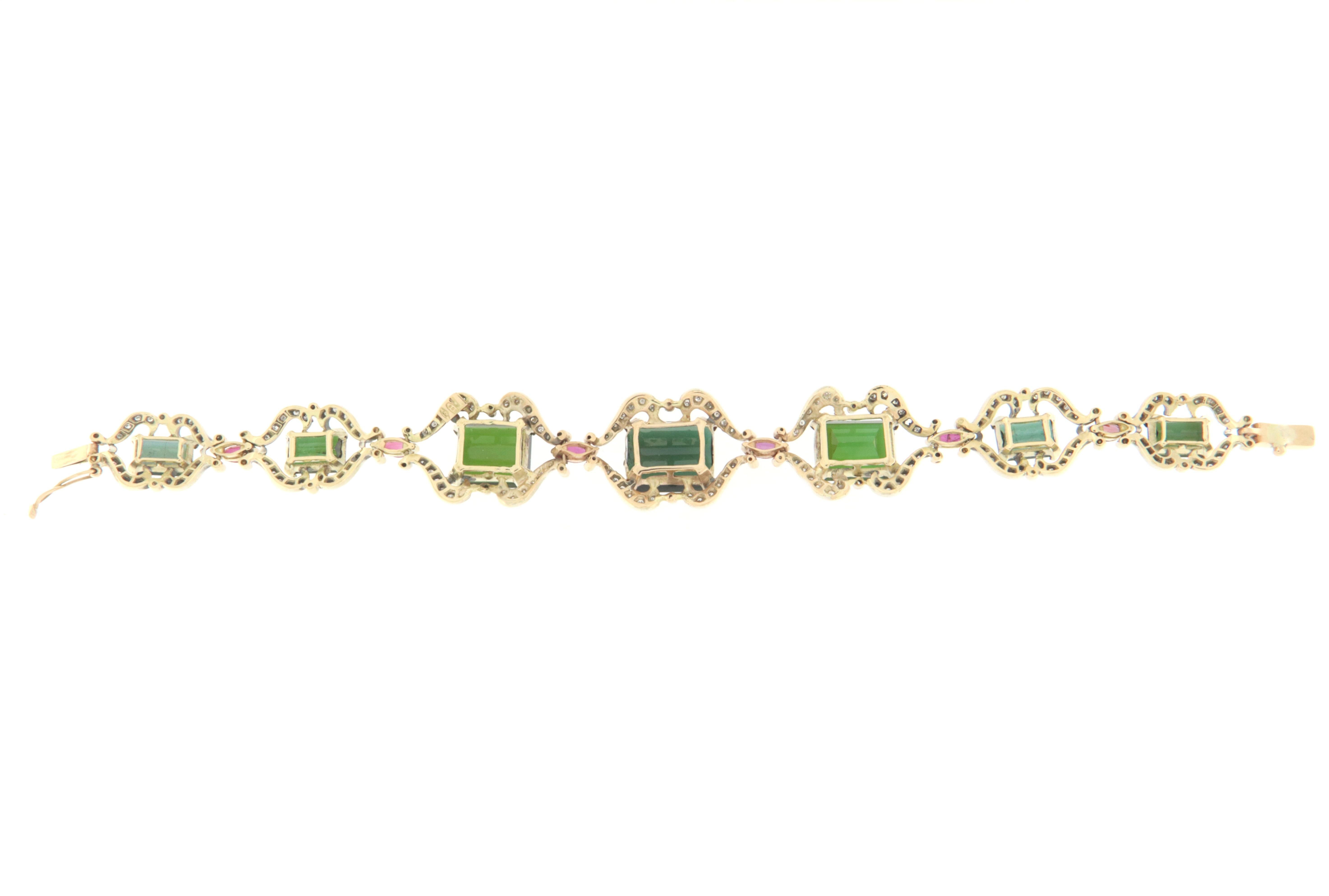 Women's Diamonds Rubies Tourmaline 14 Karat White Gold Cuff Bracelet For Sale