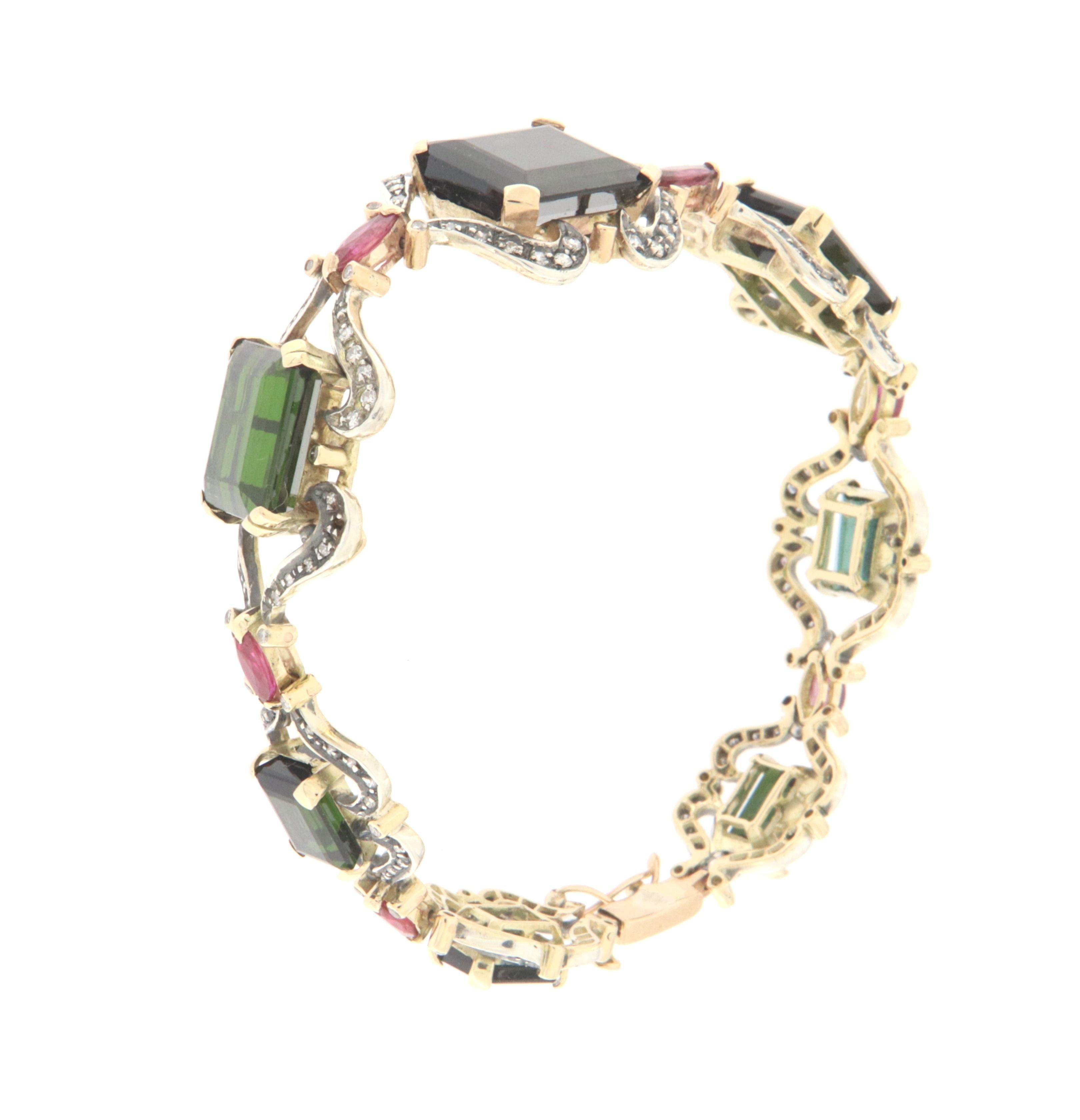 Bracelet manchette en or blanc 14 carats diamants rubis tourmaline en vente 1