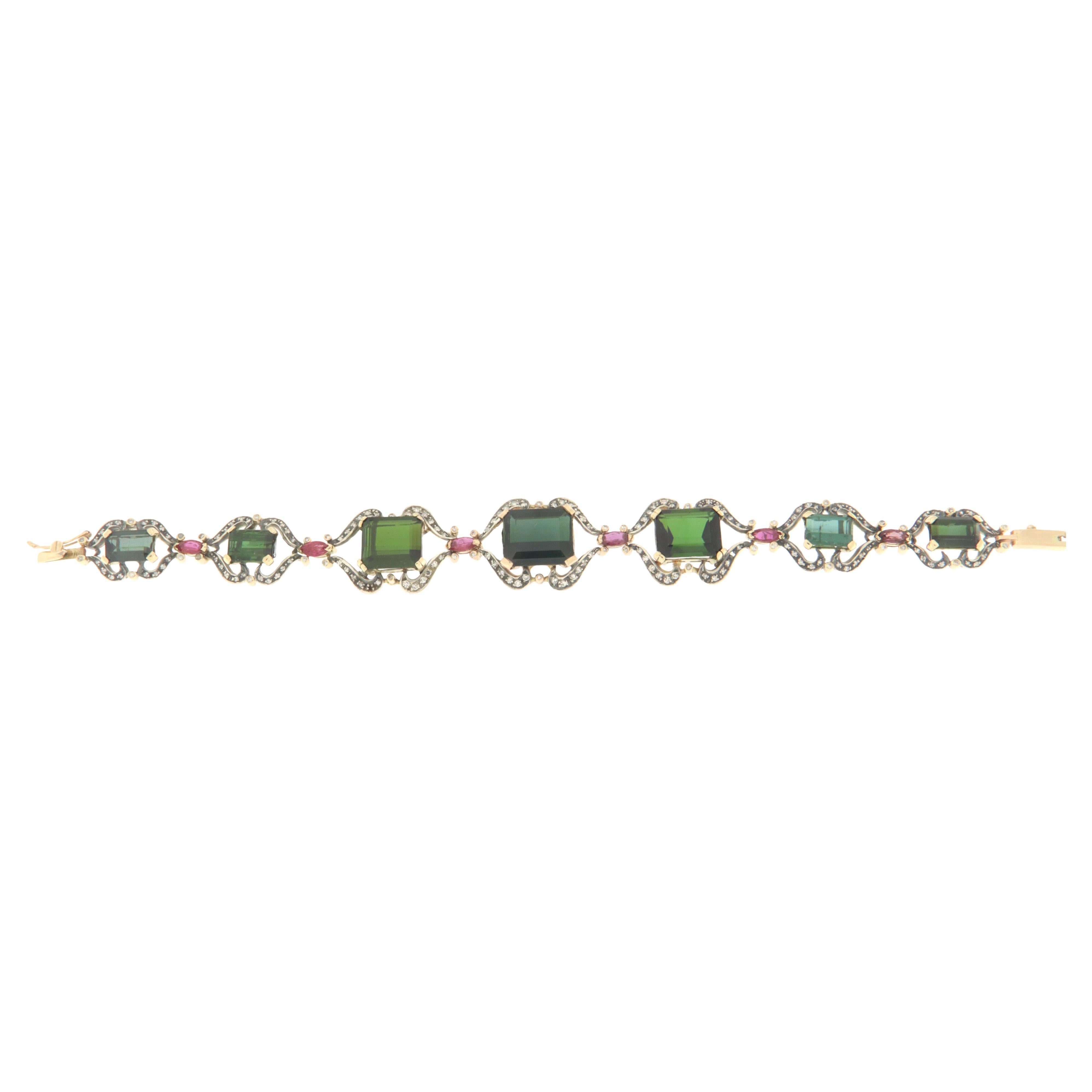 Bracelet manchette en or blanc 14 carats diamants rubis tourmaline en vente