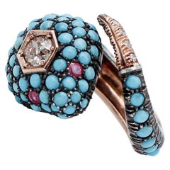 Vintage Diamonds, Rubies, Turquoise, 9 Karat Rose Gold and Silver Gold Snake Ring