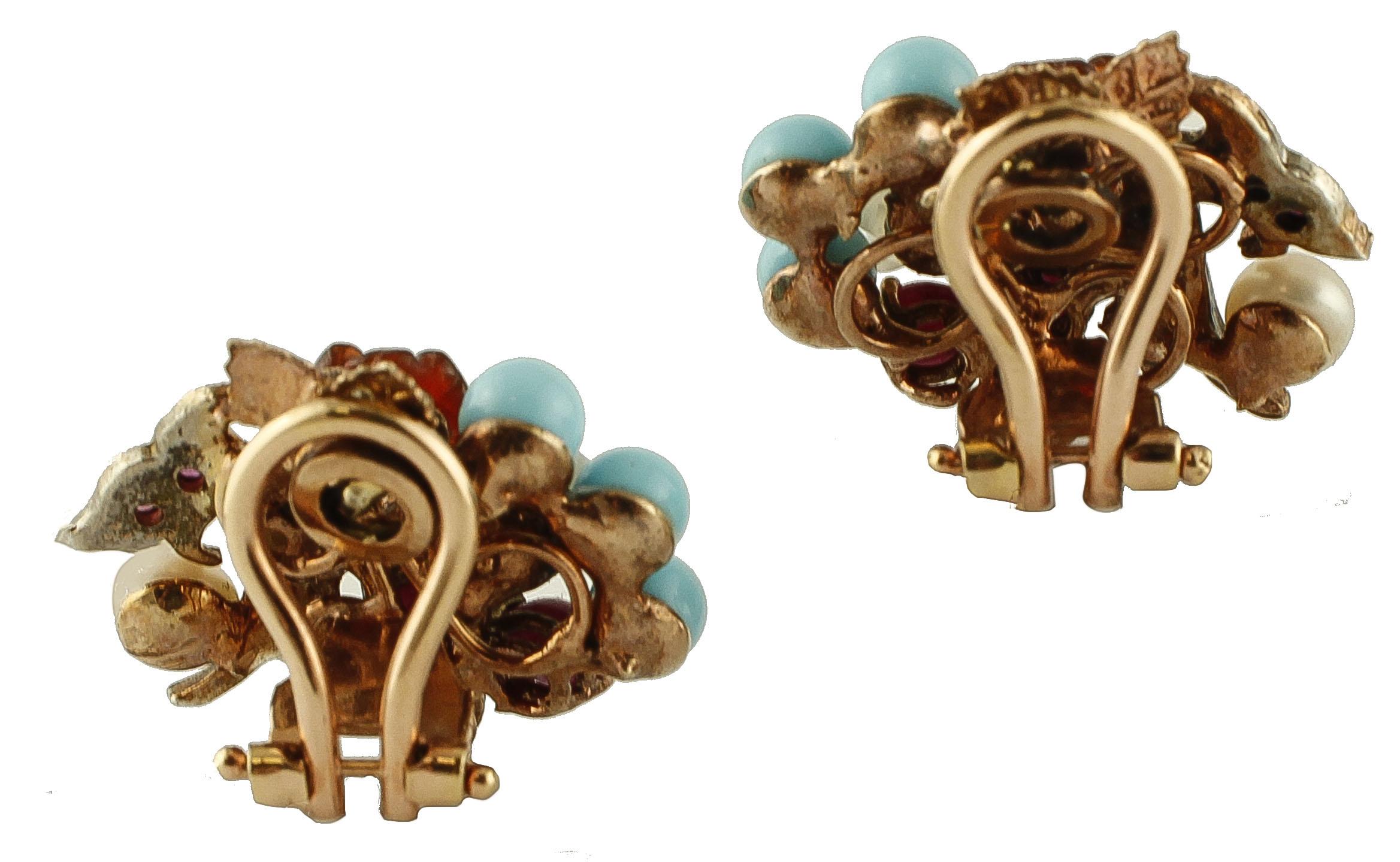 Round Cut Diamonds, Rubies, Turquoise, Carnelian, Mother of Pearl Gold and Silver Earrings