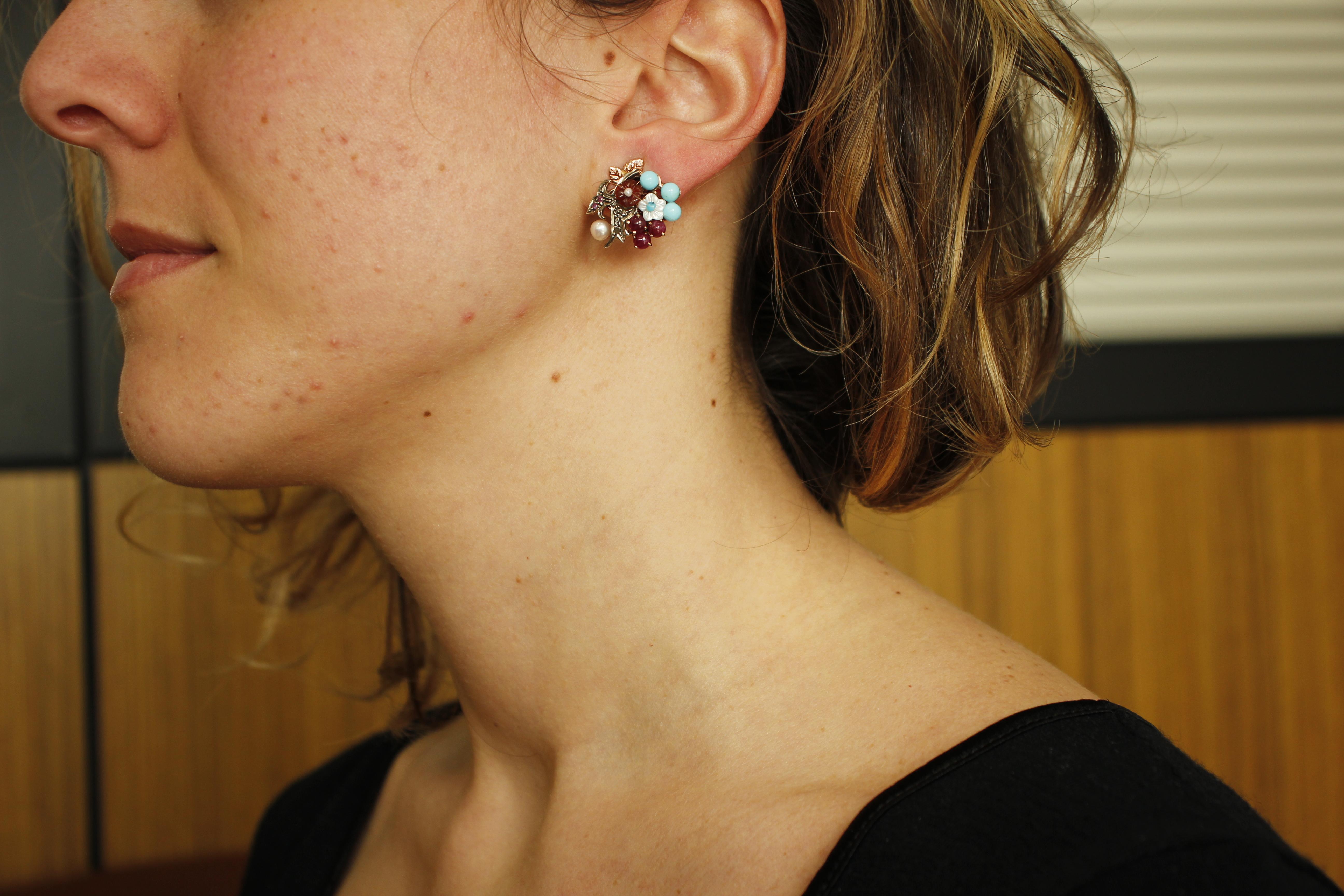 Women's Diamonds, Rubies, Turquoise, Carnelian, Mother of Pearl Gold and Silver Earrings