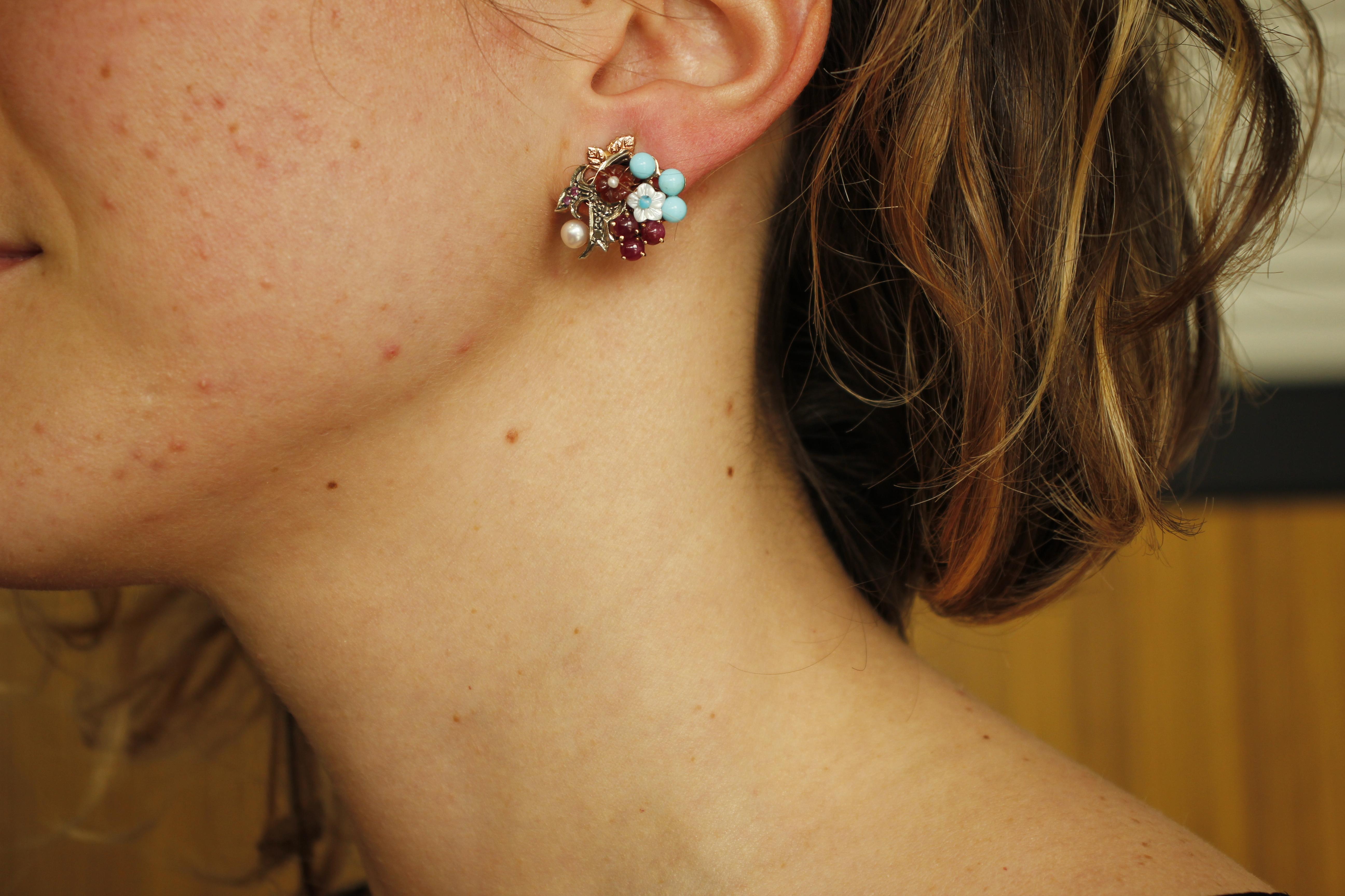 Diamonds, Rubies, Turquoise, Carnelian, Mother of Pearl Gold and Silver Earrings 1