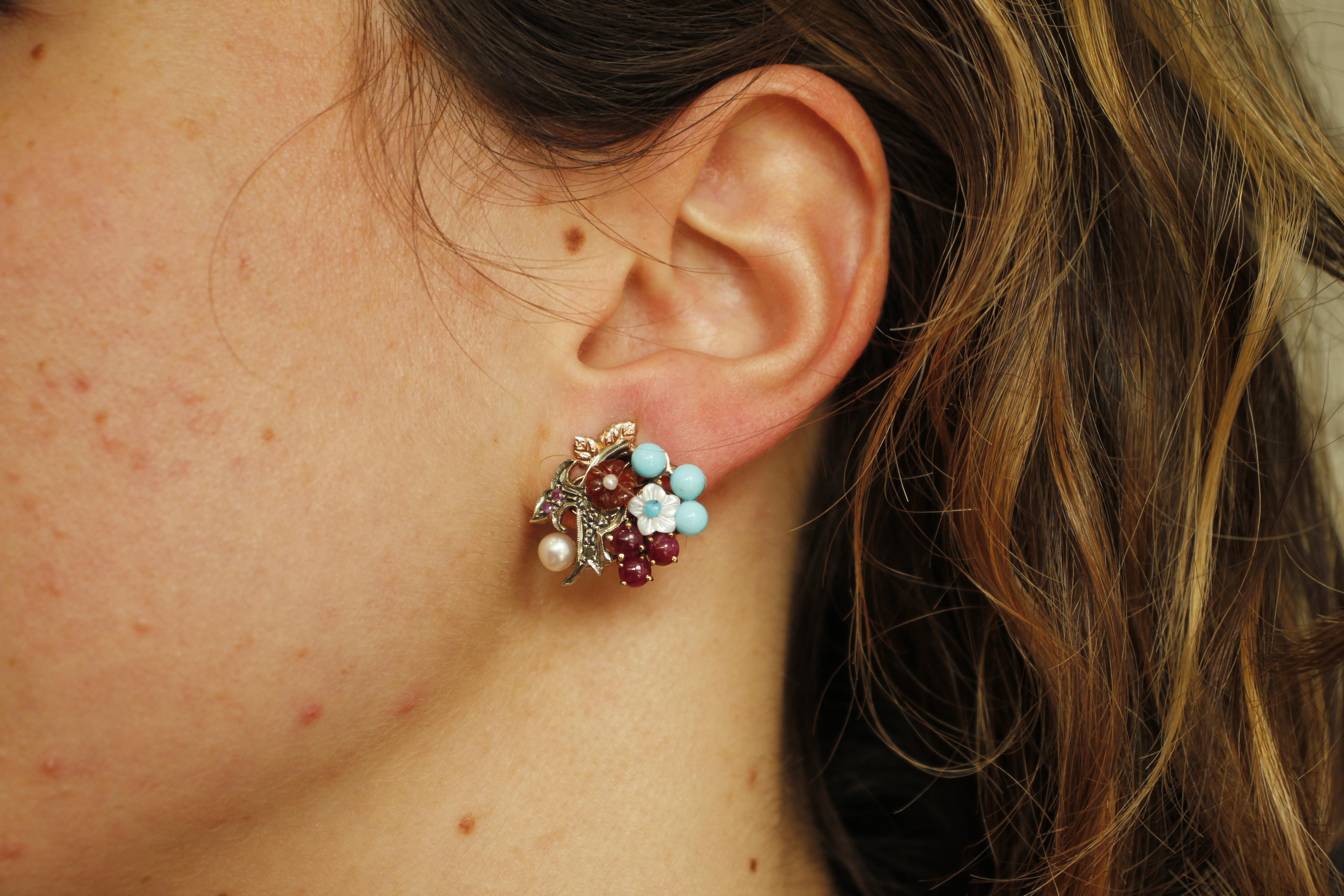 Diamonds, Rubies, Turquoise, Carnelian, Mother of Pearl Gold and Silver Earrings 2