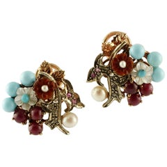 Vintage Diamonds, Rubies, Turquoise, Carnelian, Mother of Pearl Gold and Silver Earrings