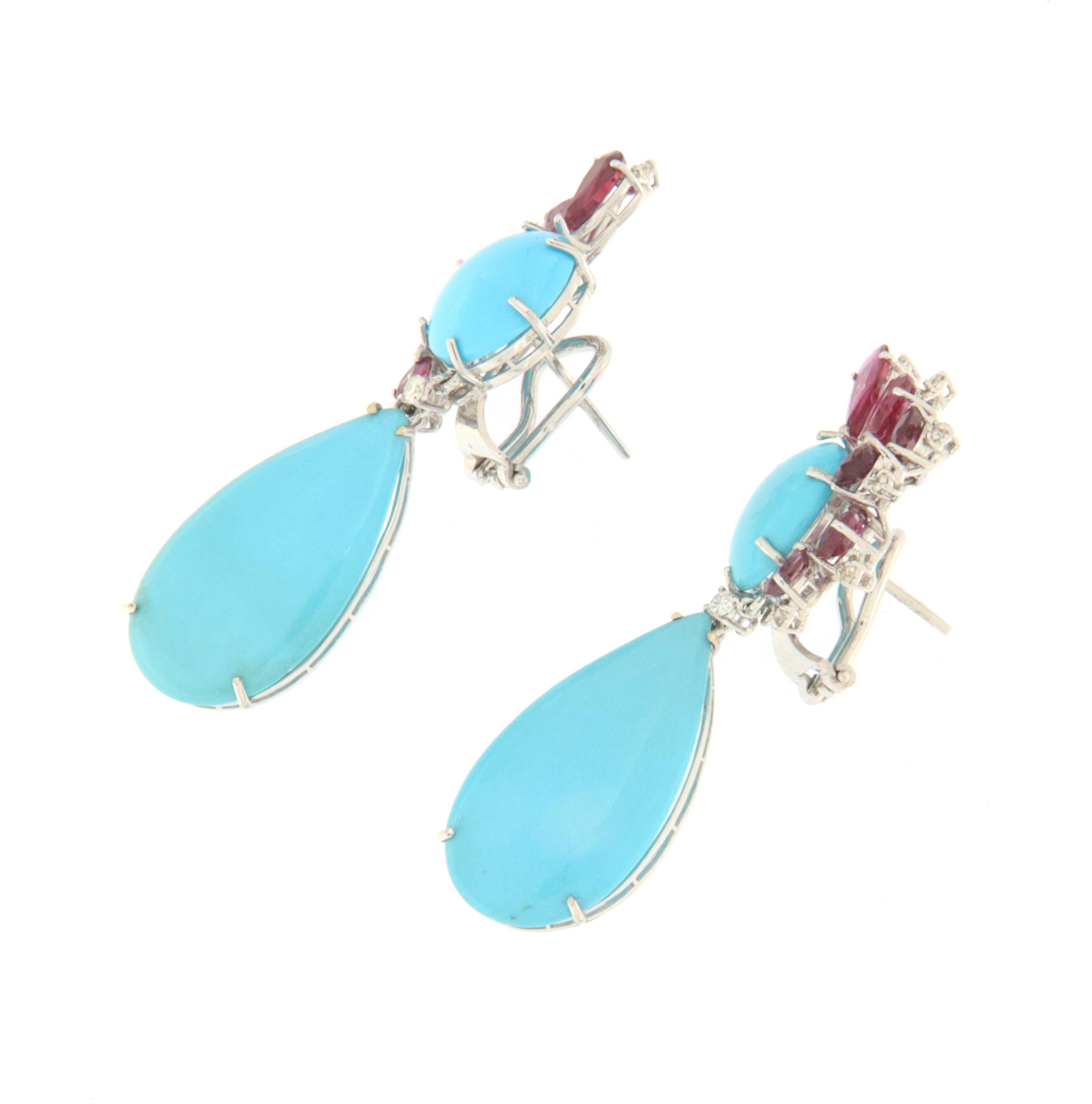 Contemporary Diamonds Rubies Turquoise White Gold 18 Karat Drop Earrings For Sale