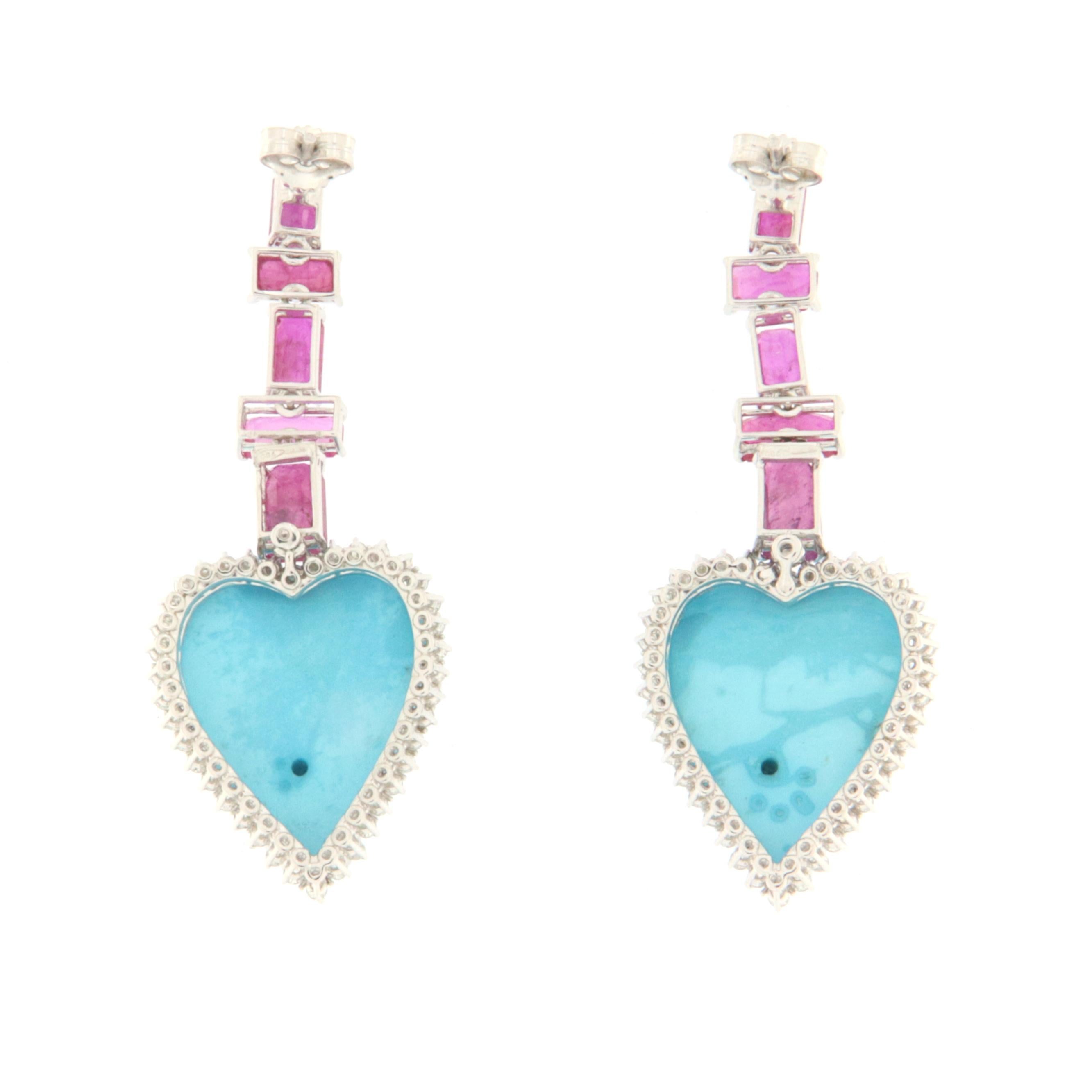 Brilliant Cut Diamonds Rubies Turquoise White Gold 18 Karat Drop Earrings For Sale