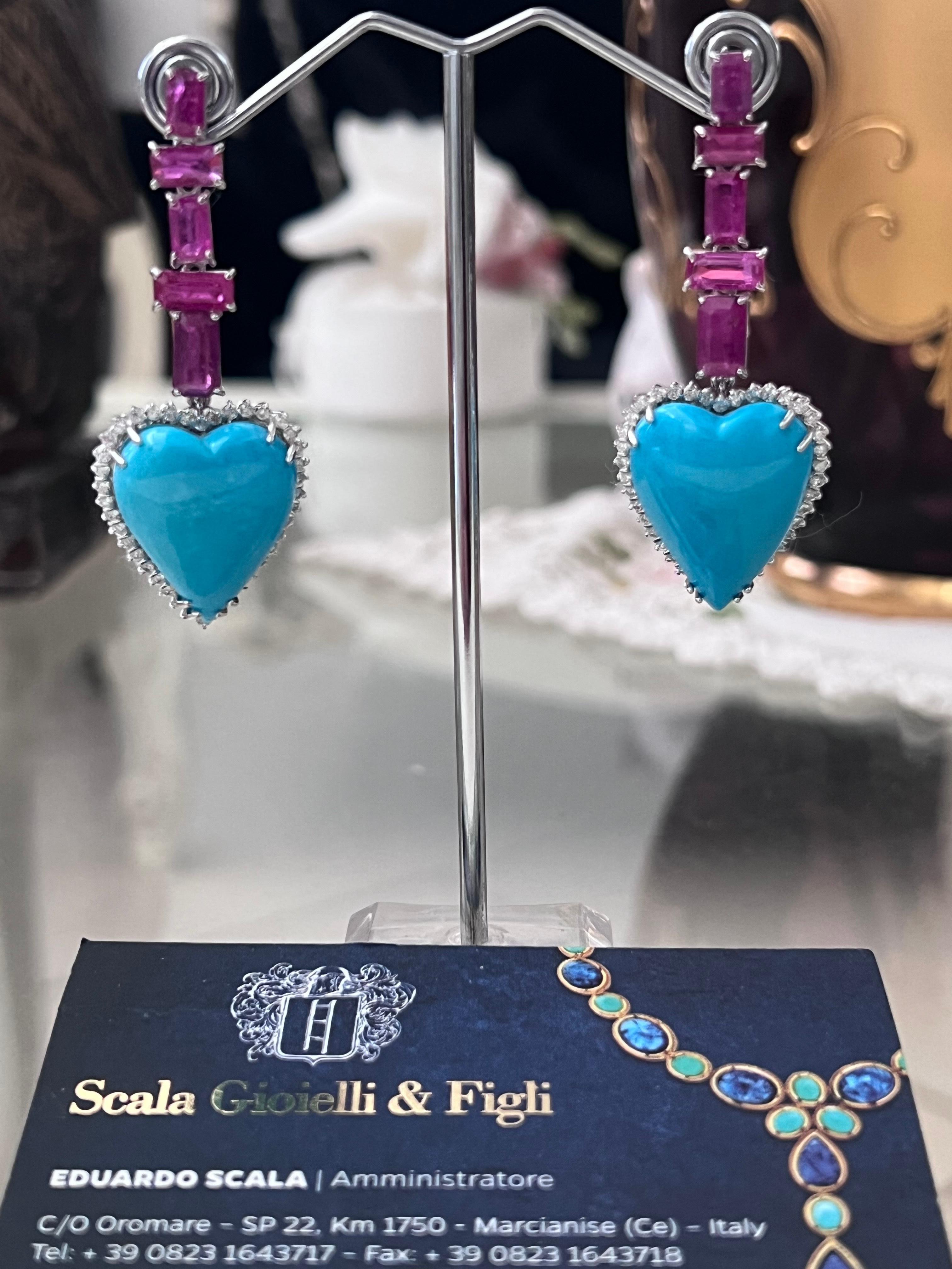 Diamonds Rubies Turquoise White Gold 18 Karat Drop Earrings In New Condition For Sale In Marcianise, IT