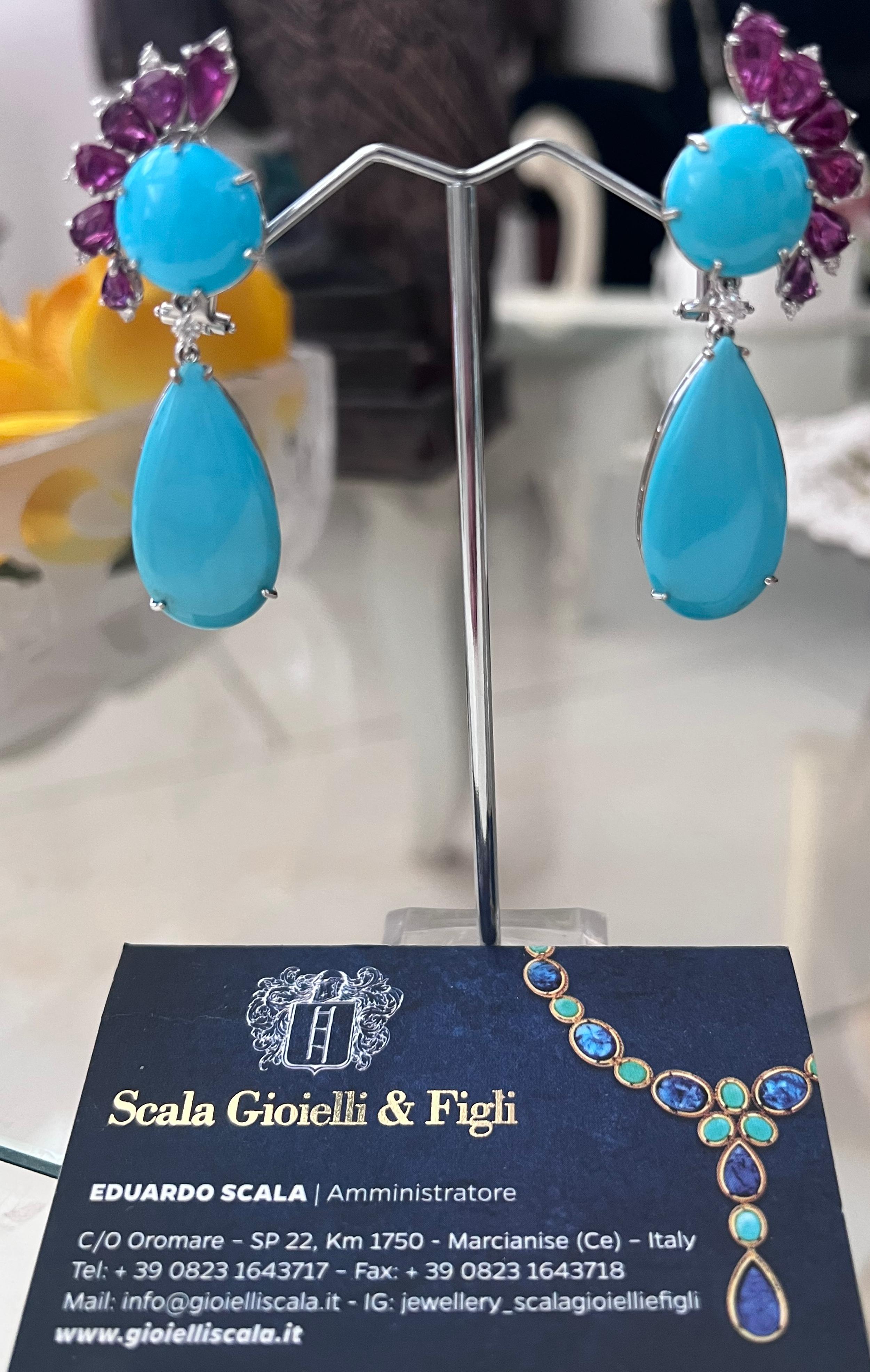 Diamonds Rubies Turquoise White Gold 18 Karat Drop Earrings For Sale 1