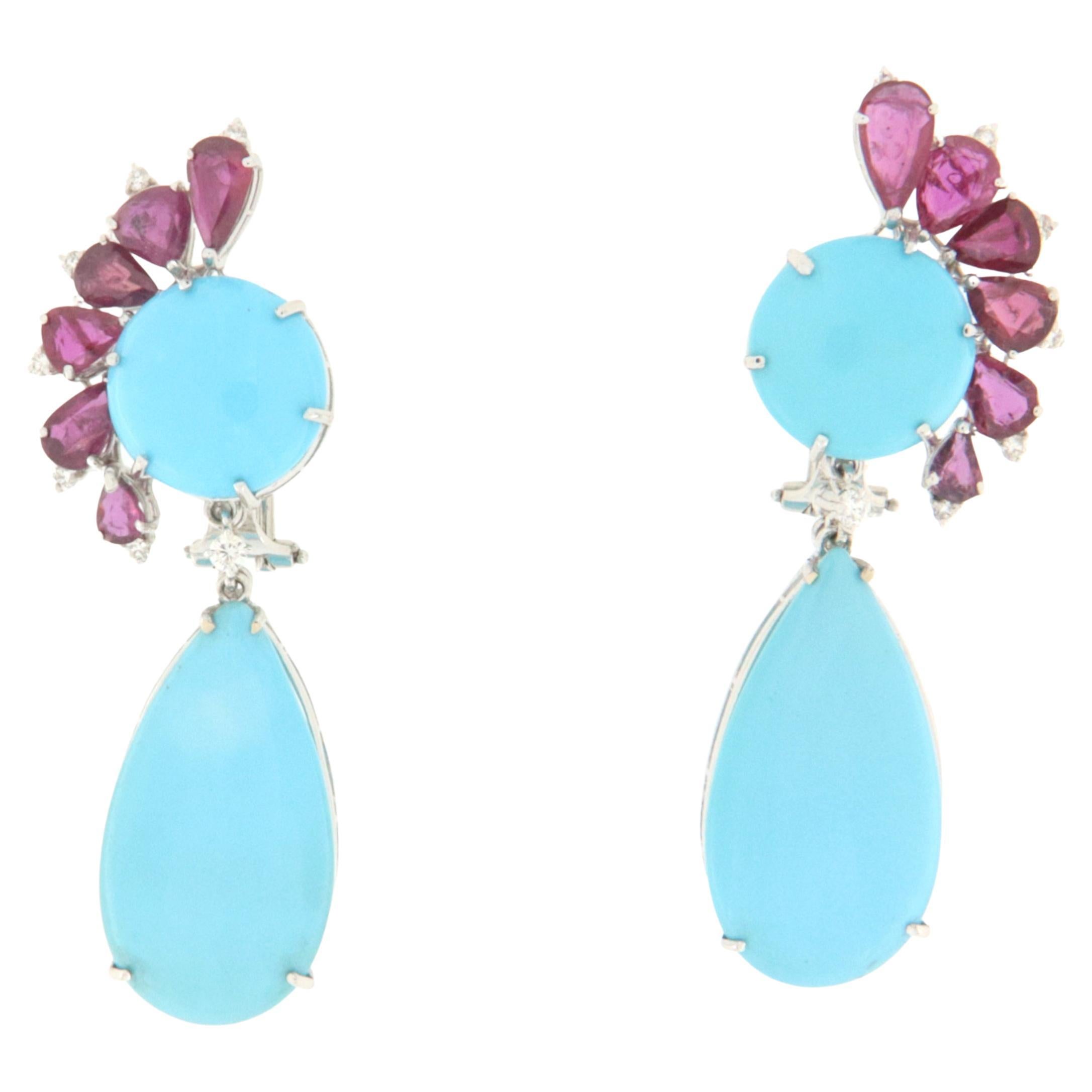 Diamonds Rubies Turquoise White Gold 18 Karat Drop Earrings