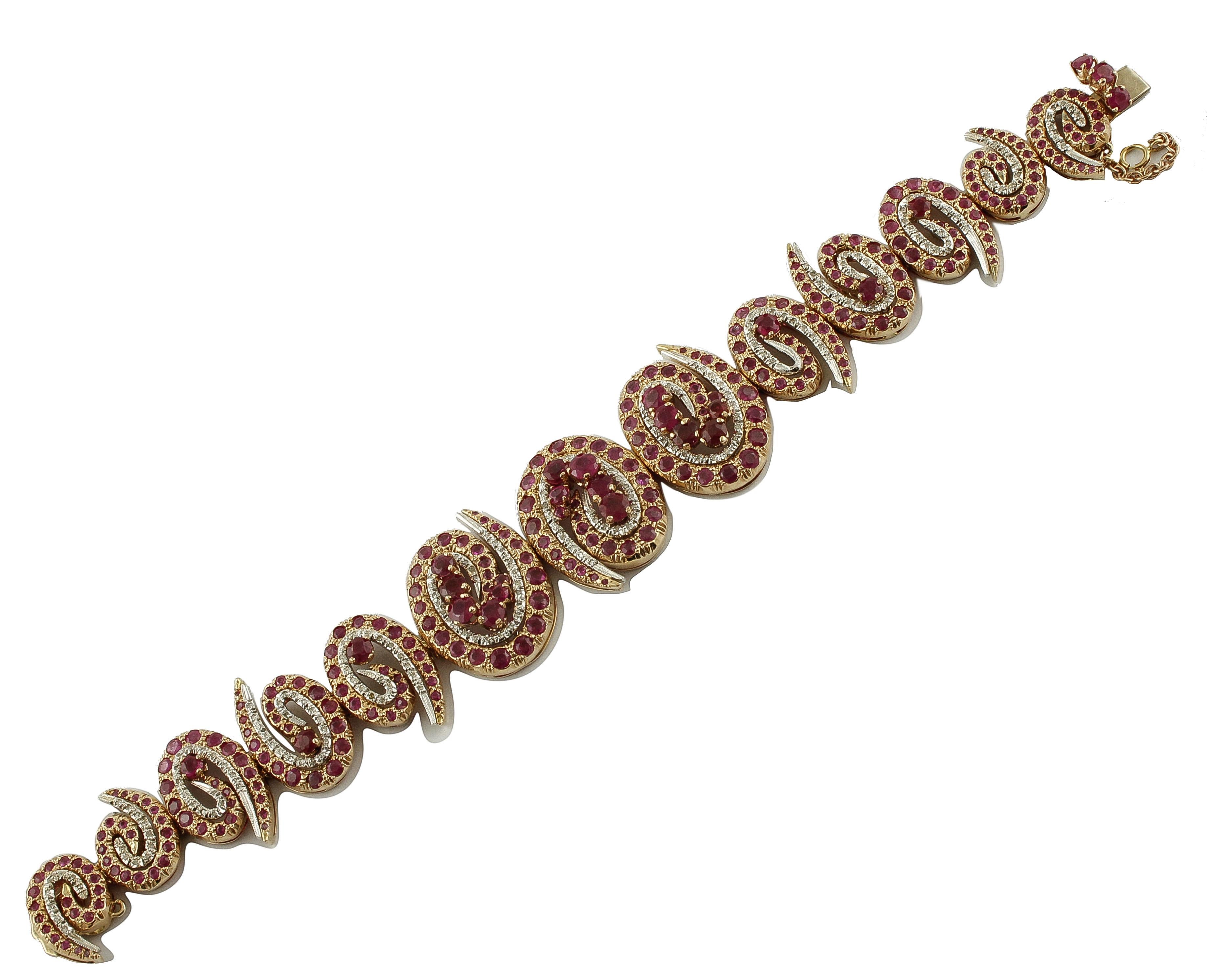 Modern Diamonds, Rubies, White and Rose Gold Twisted Bracelet For Sale