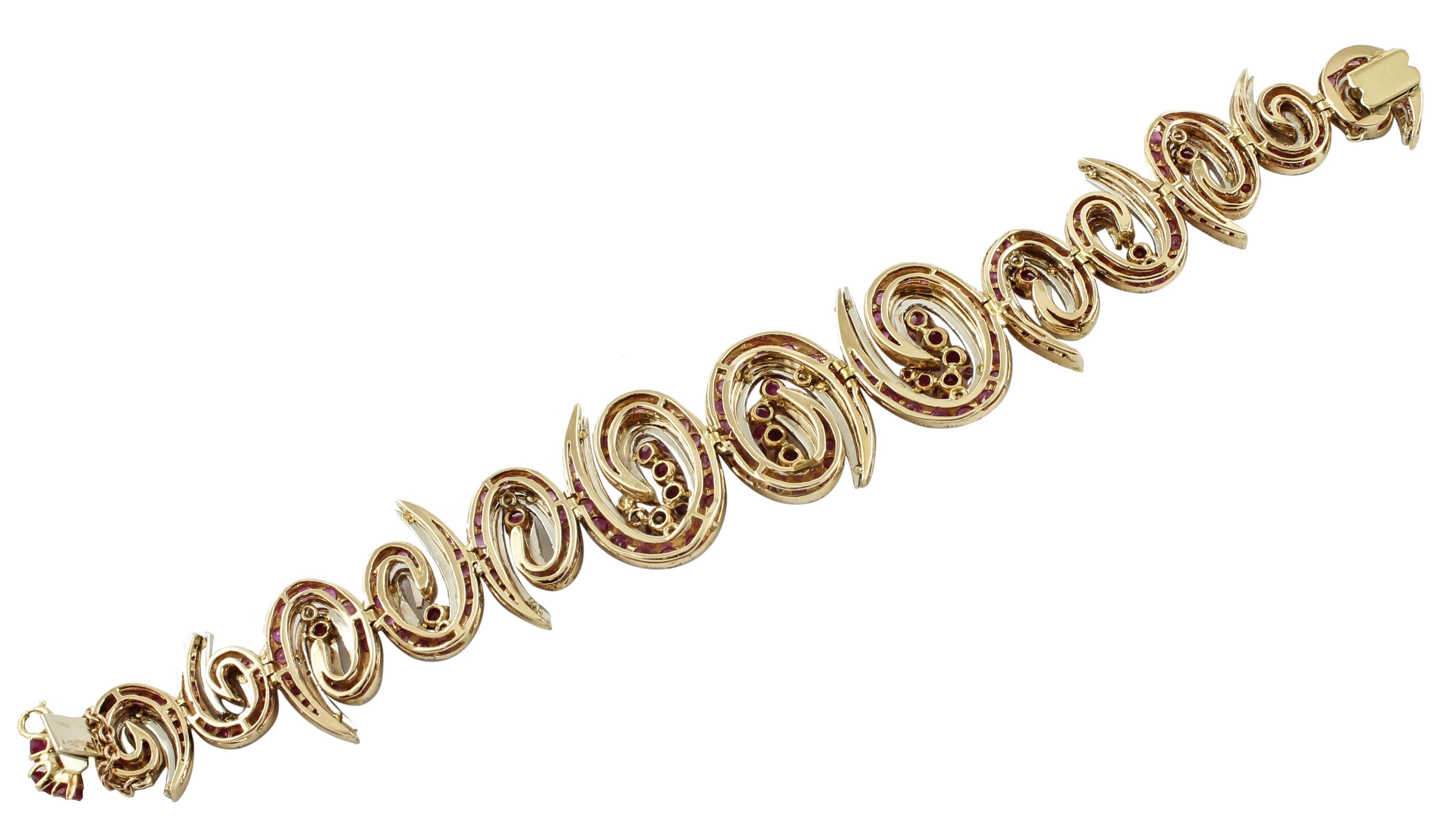 Round Cut Diamonds, Rubies, White and Rose Gold Twisted Bracelet For Sale