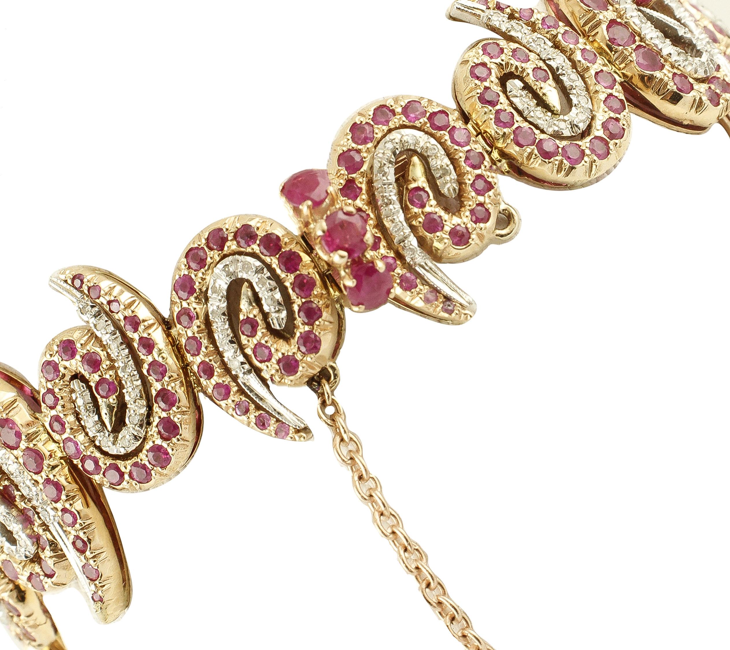 Diamonds, Rubies, White and Rose Gold Twisted Bracelet In Good Condition For Sale In Marcianise, Marcianise (CE)