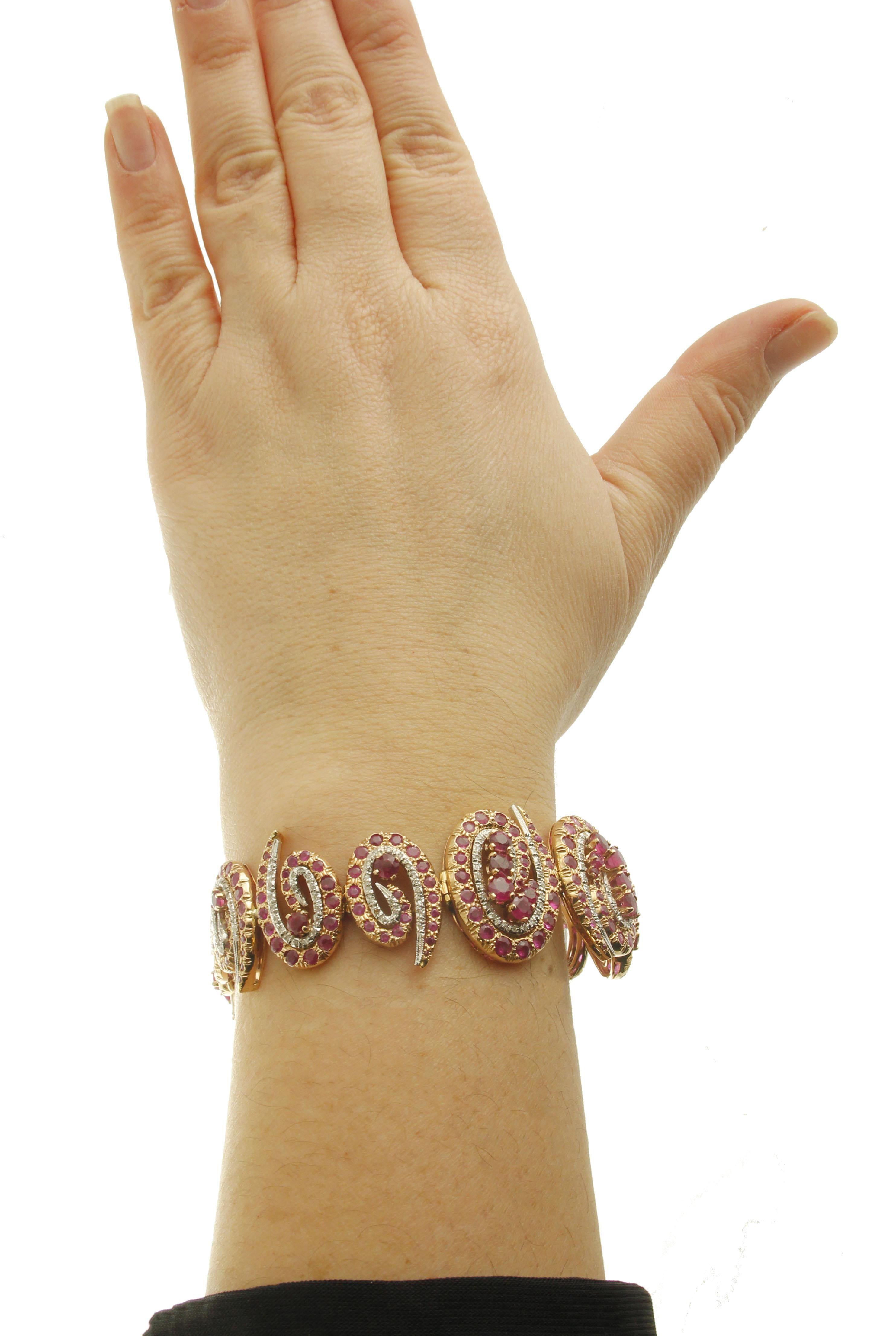 Women's Diamonds, Rubies, White and Rose Gold Twisted Bracelet For Sale