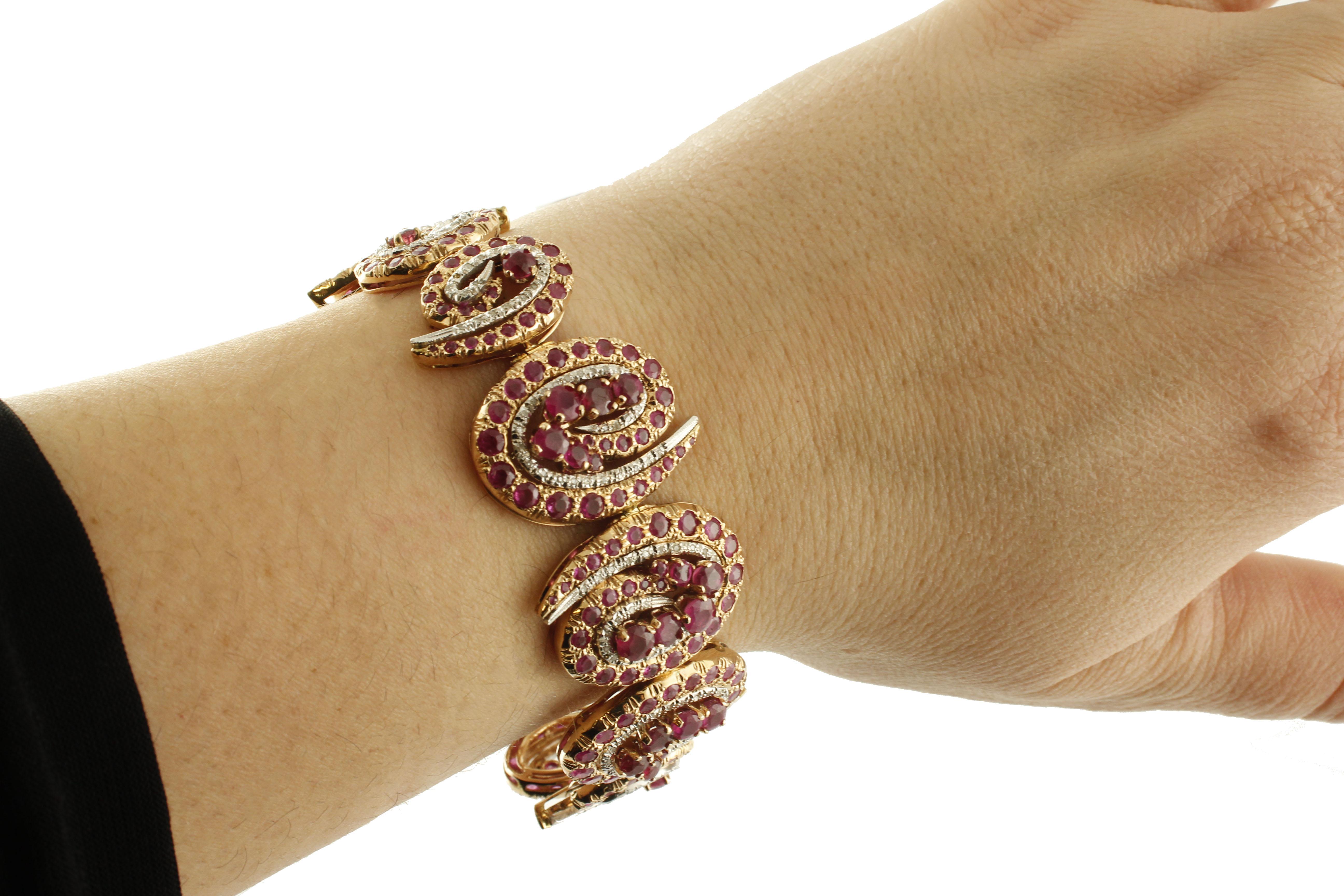 Diamonds, Rubies, White and Rose Gold Twisted Bracelet For Sale 1