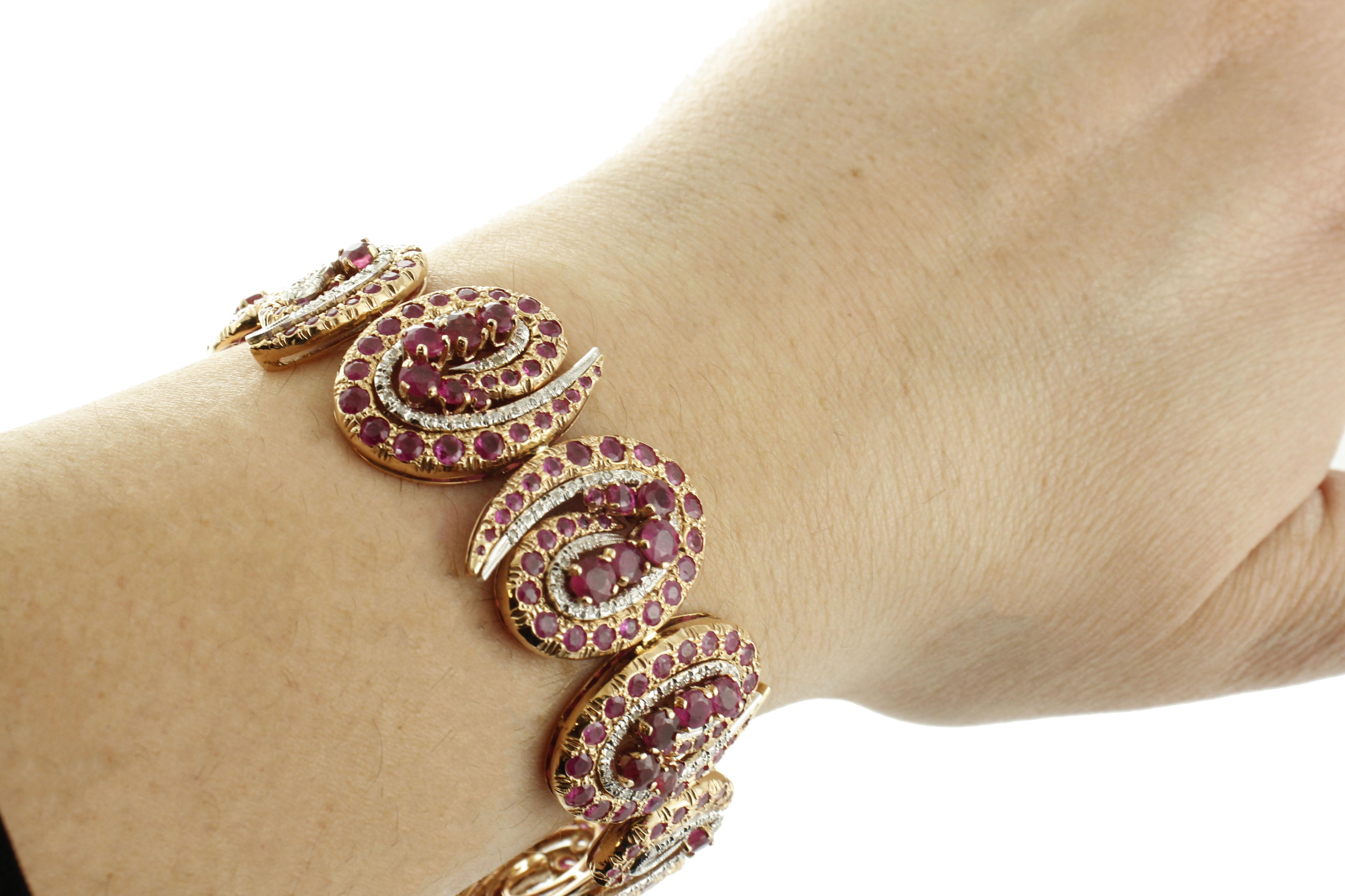 Diamonds, Rubies, White and Rose Gold Twisted Bracelet For Sale 2