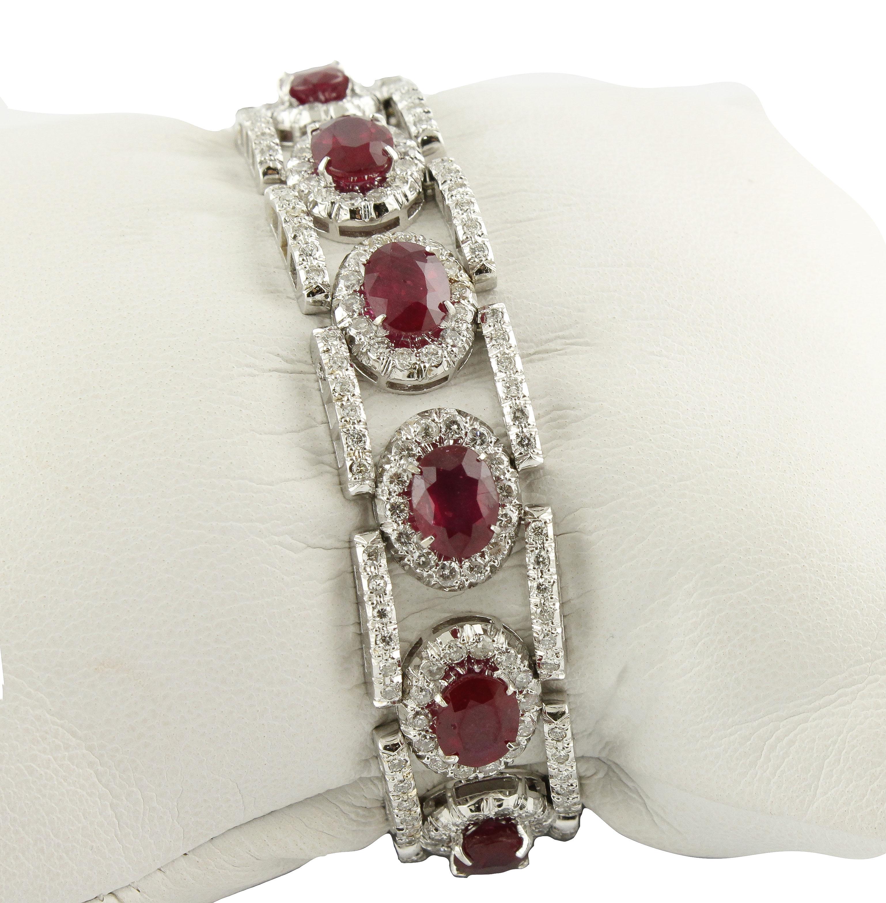 Modern Diamonds Rubies White Gold Link Bracelet For Sale