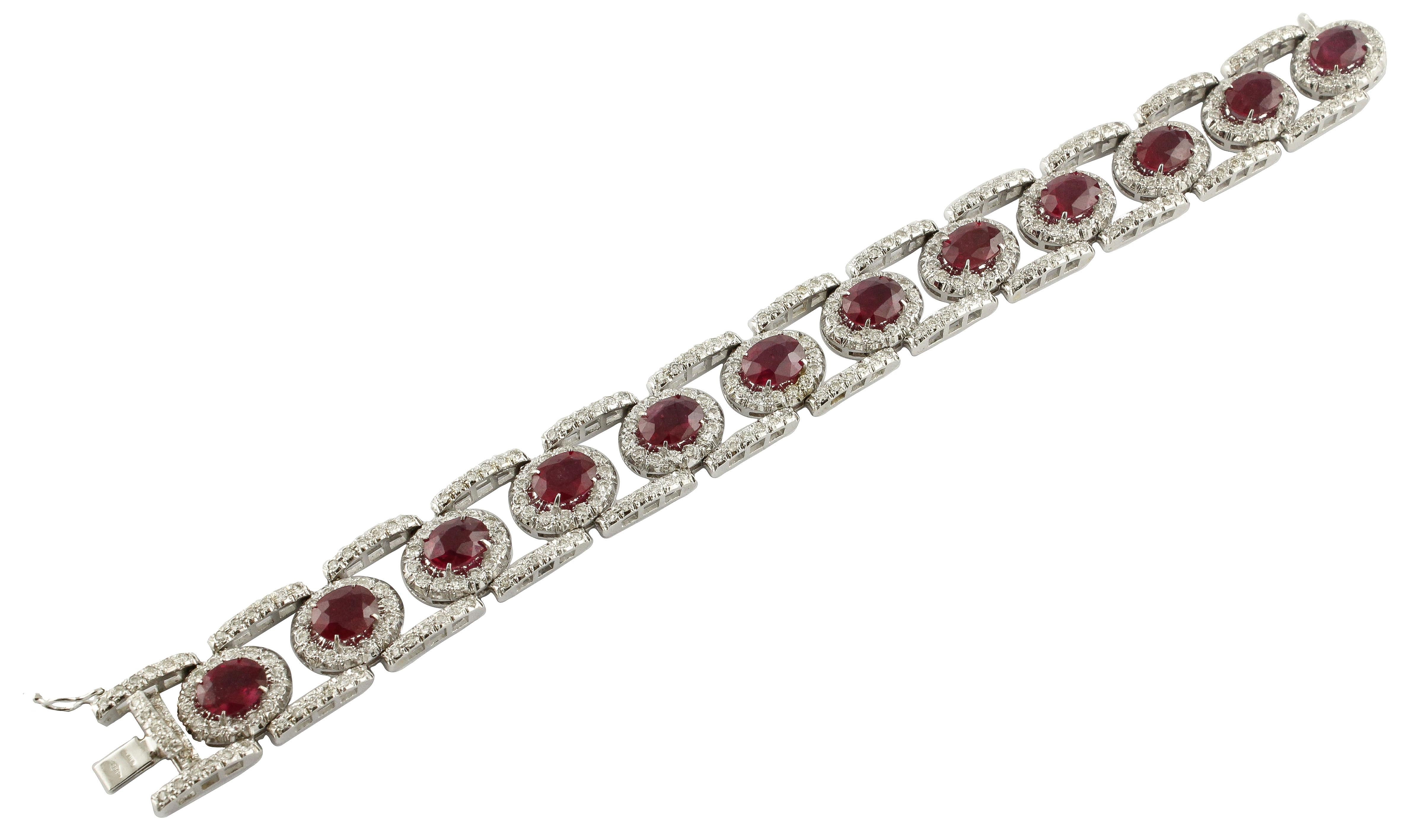 Brilliant Cut Diamonds Rubies White Gold Link Bracelet For Sale