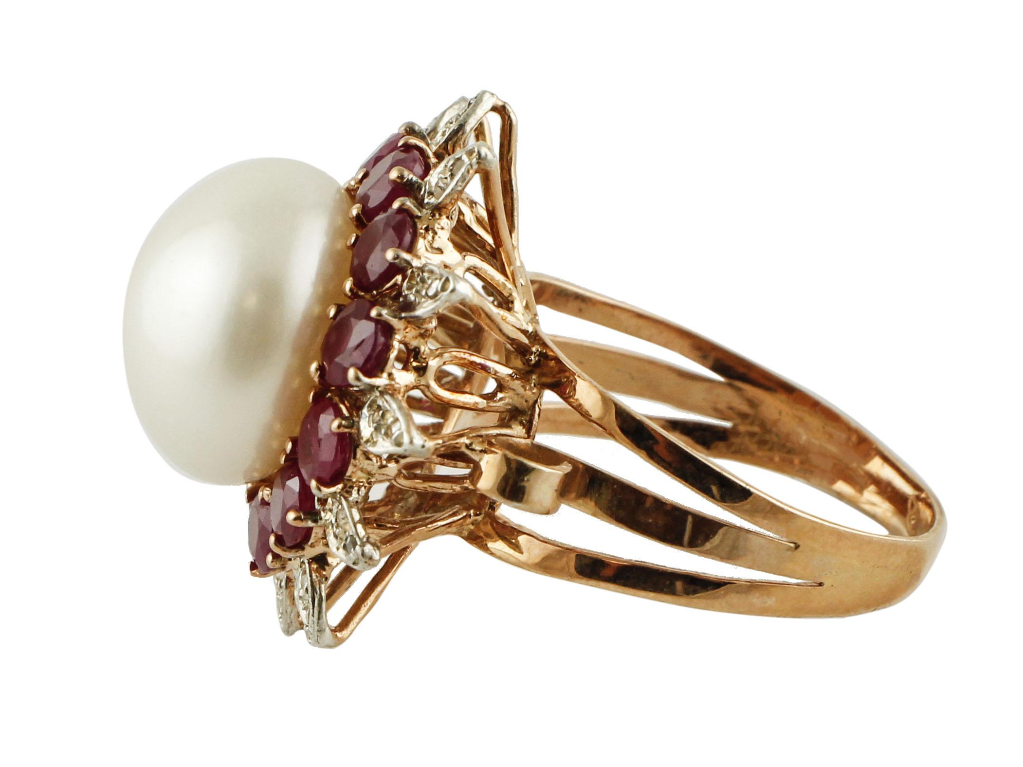 Retro Diamonds, Rubies, White Pearl, Rose Gold and Silver Cluster Flower Ring