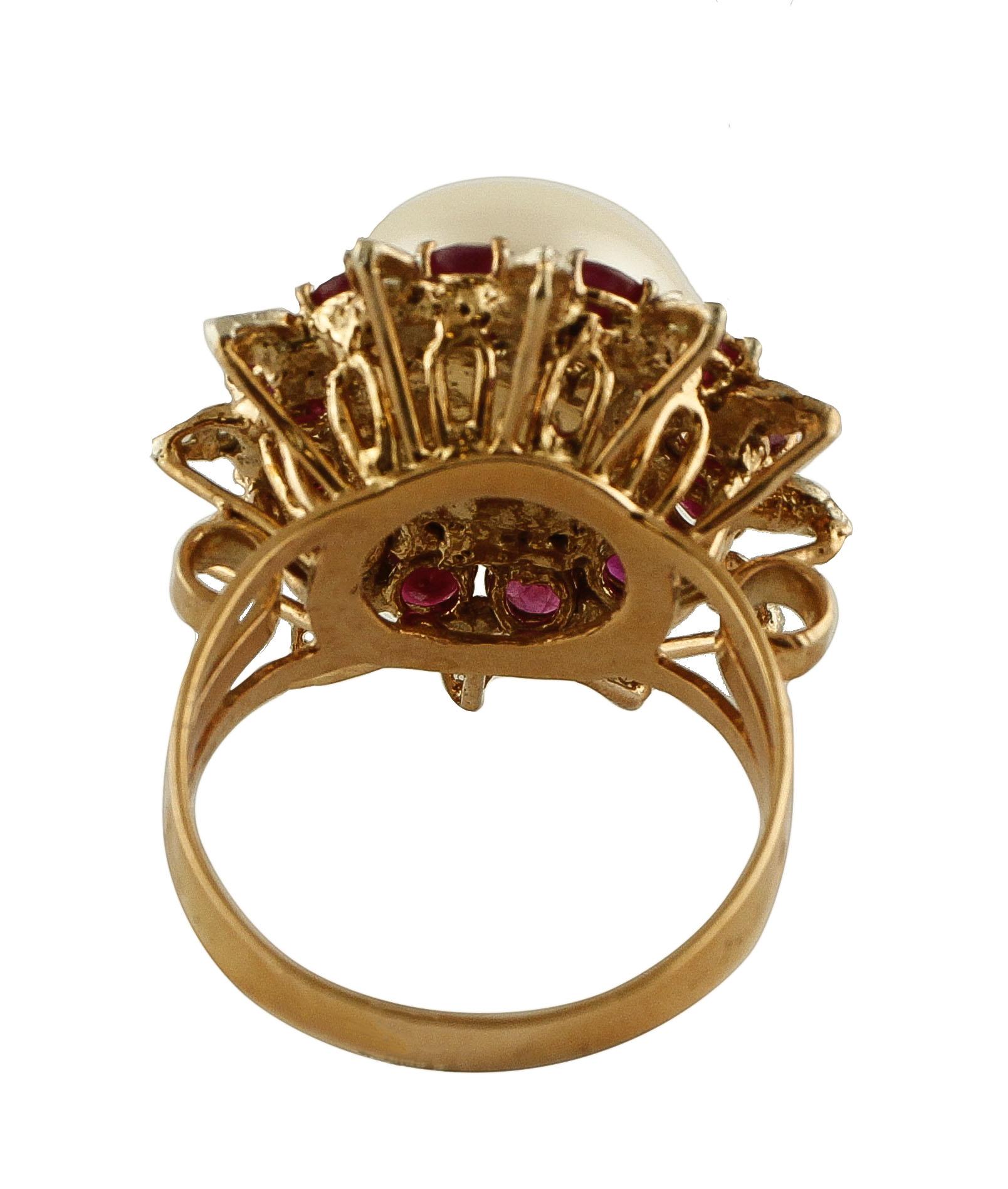 Diamonds, Rubies, White Pearl, Rose Gold and Silver Cluster Flower Ring In Excellent Condition In Marcianise, Marcianise (CE)