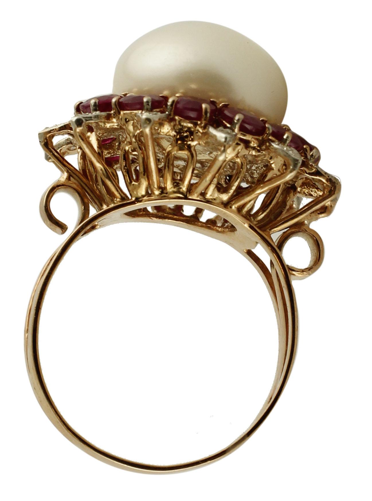 Women's Diamonds, Rubies, White Pearl, Rose Gold and Silver Cluster Flower Ring