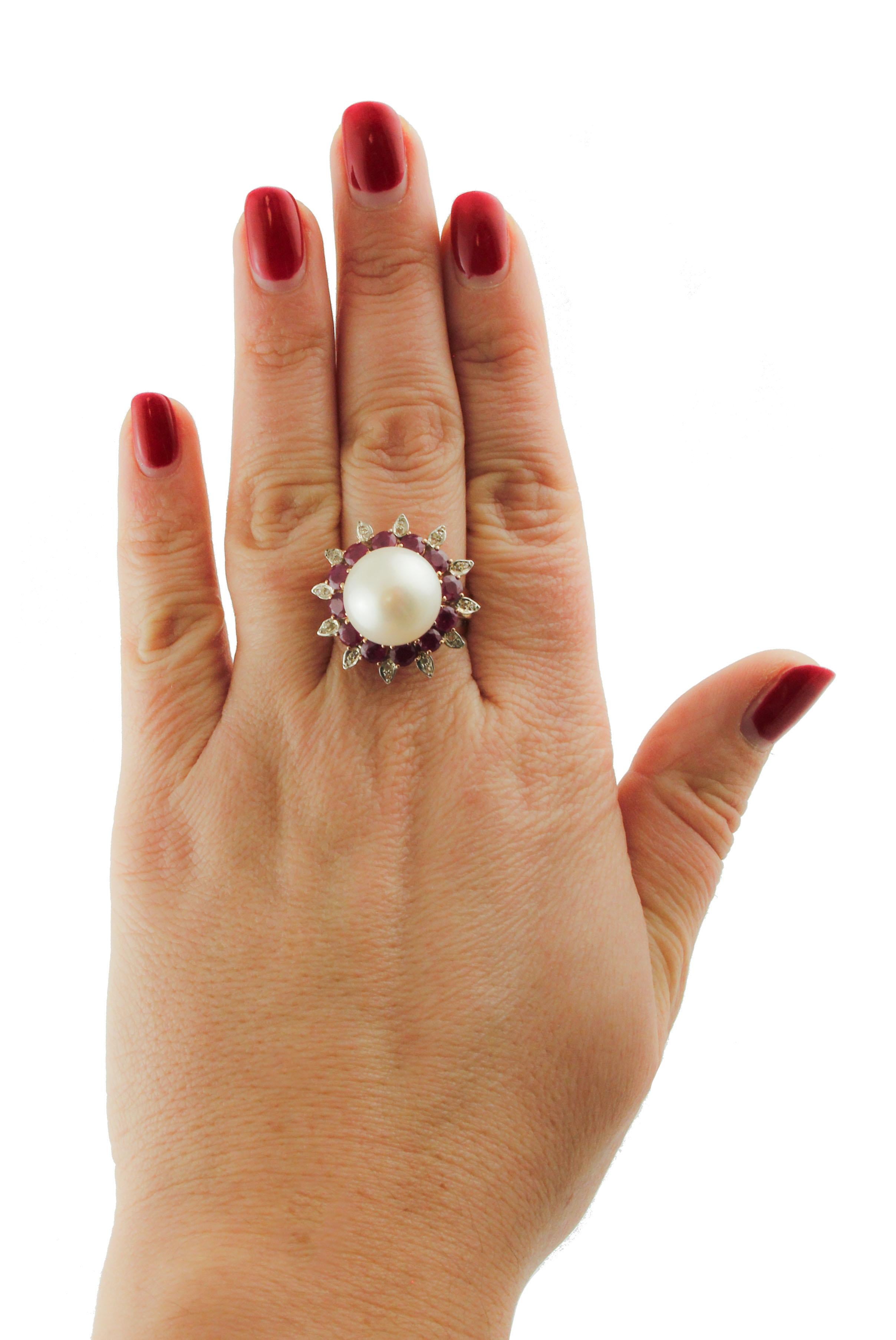 Diamonds, Rubies, White Pearl, Rose Gold and Silver Cluster Flower Ring 1