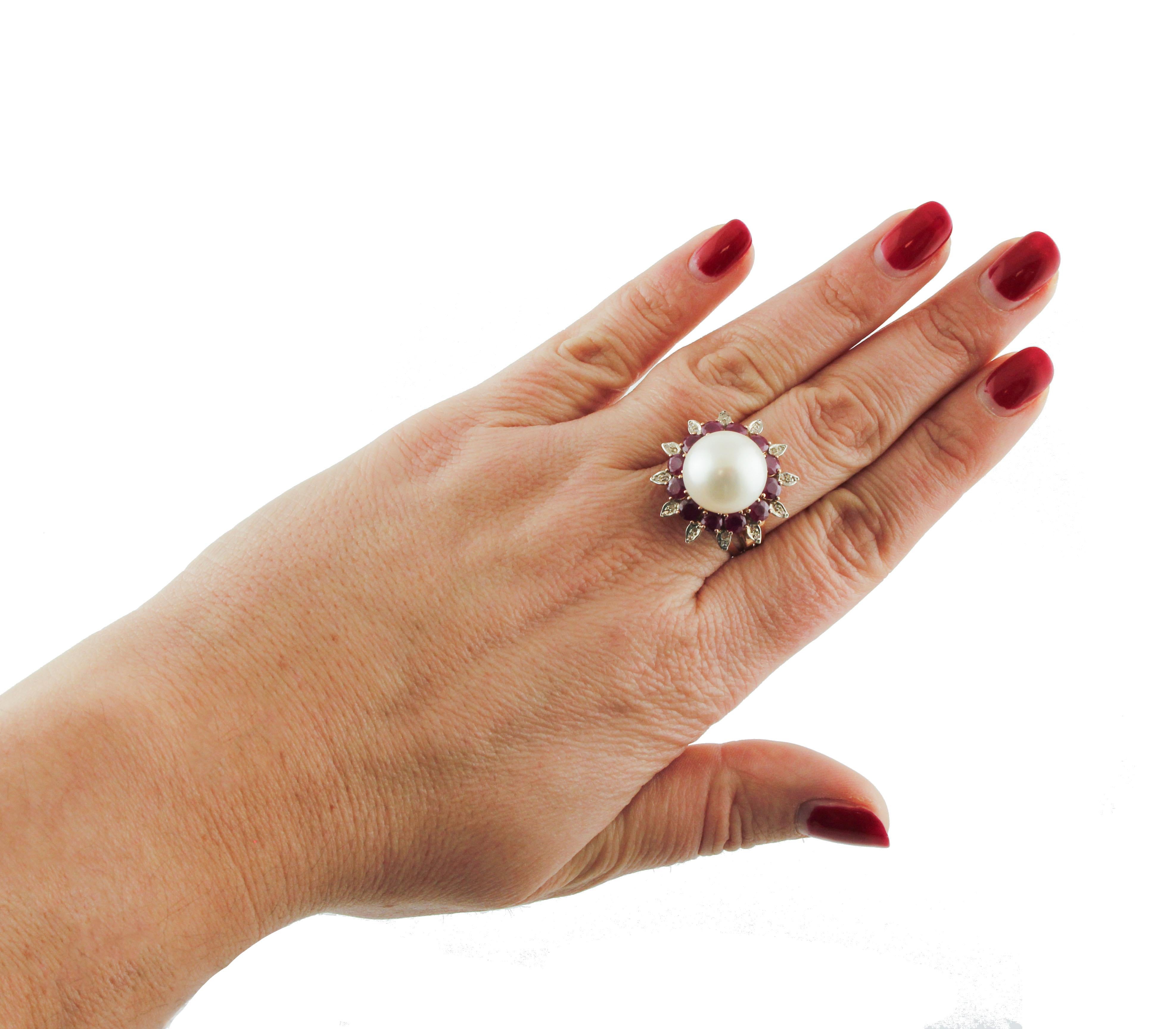Diamonds, Rubies, White Pearl, Rose Gold and Silver Cluster Flower Ring 2