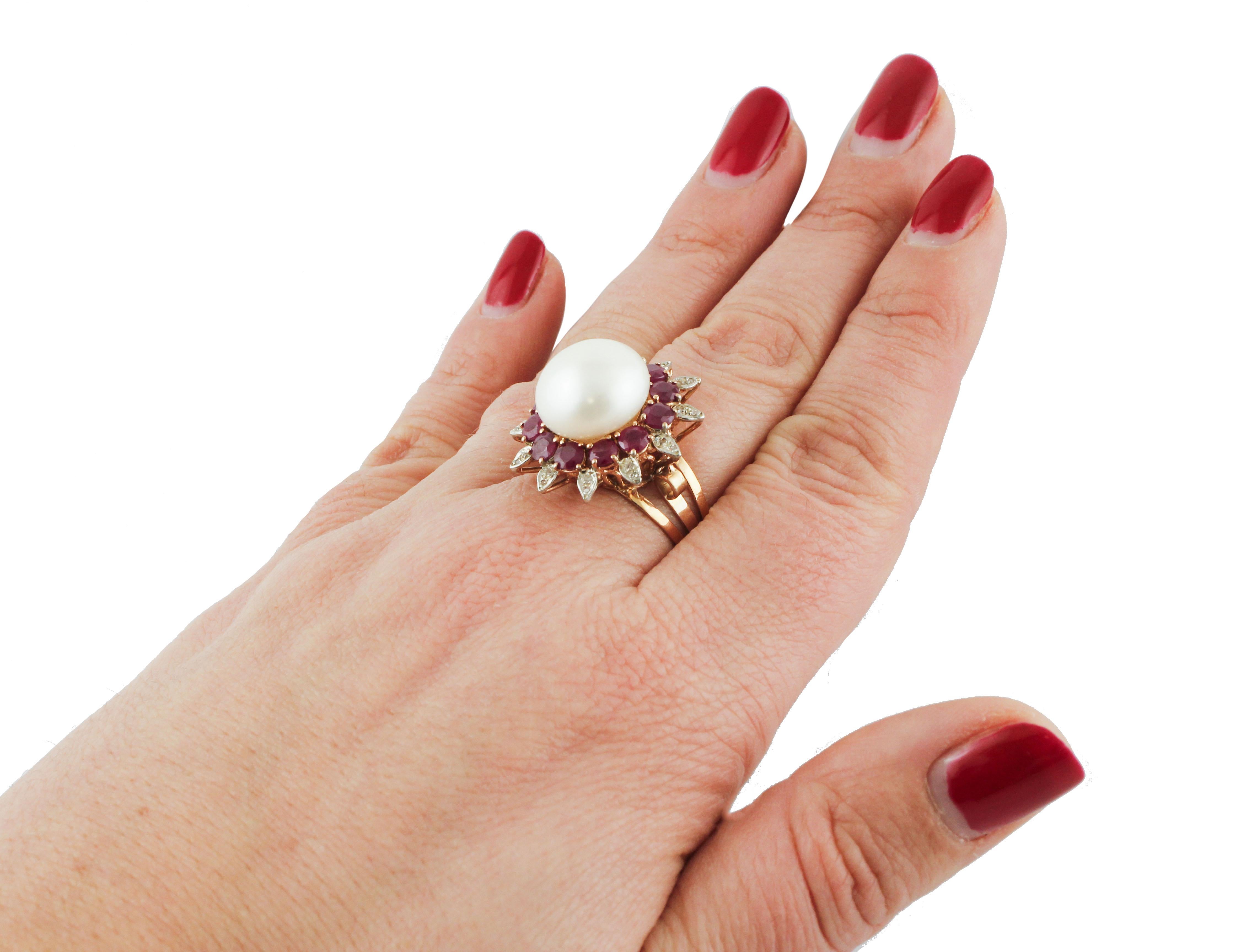 Diamonds, Rubies, White Pearl, Rose Gold and Silver Cluster Flower Ring 3