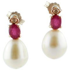 Diamonds, Rubies, White Pearls, Rose Gold Beaded Drop Earrings