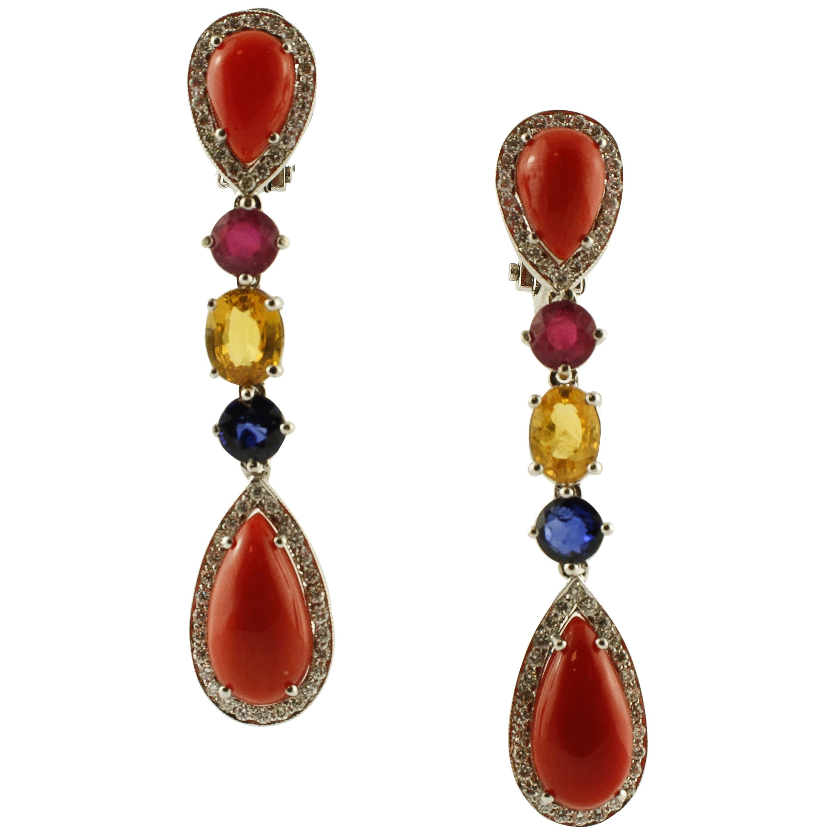 Diamonds,Rubies, Yellow/Blue Sapphires, Red Coral Drops 18K Gold Dangle Earrings