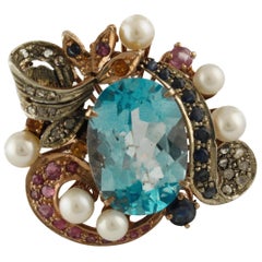 Diamonds Rubies Yellow Blue Sapphires Blue Topaz Pearls Rose Gold Silver Ring