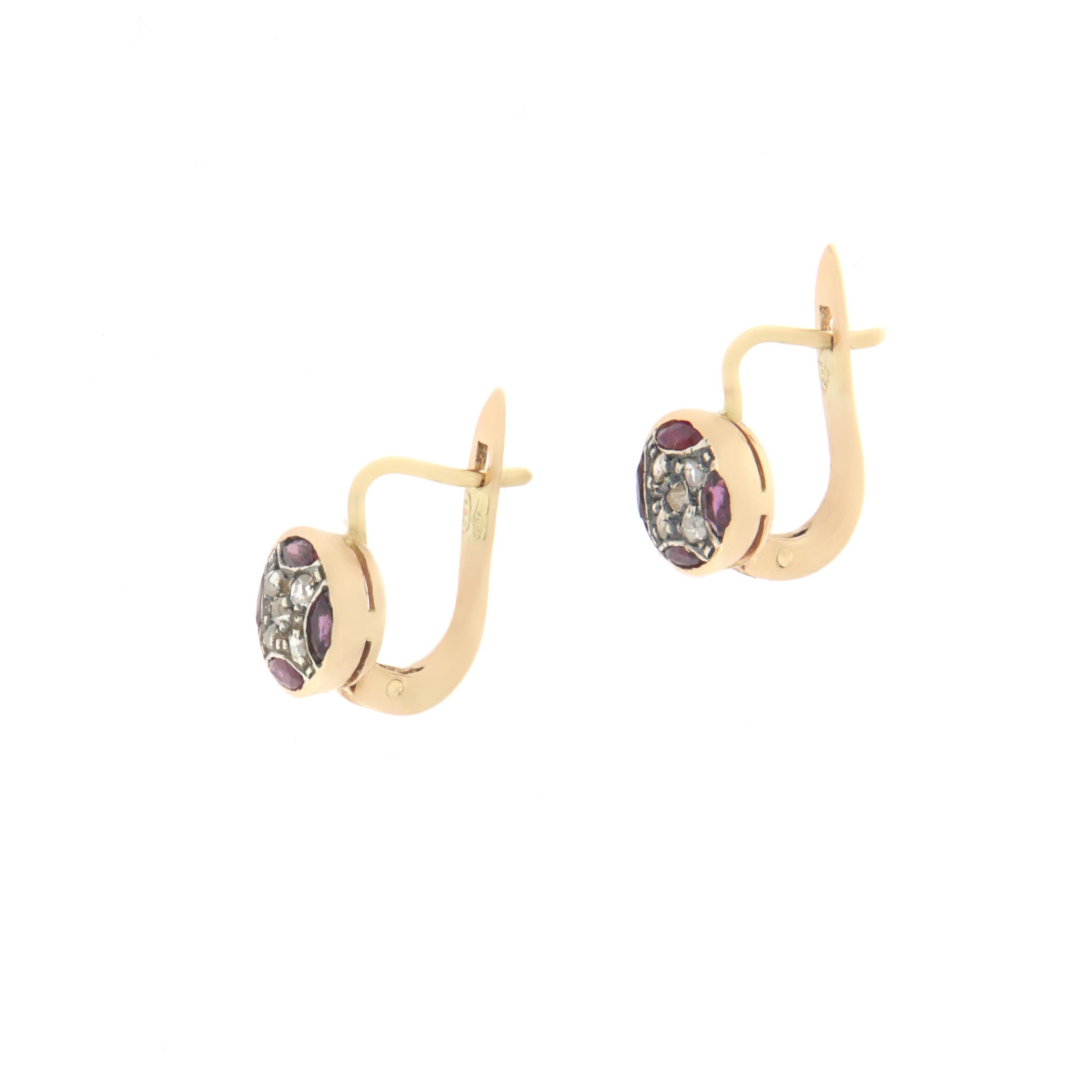 Retro Diamonds Rubies Yellow Gold 14 Carat Stud Earring For Sale