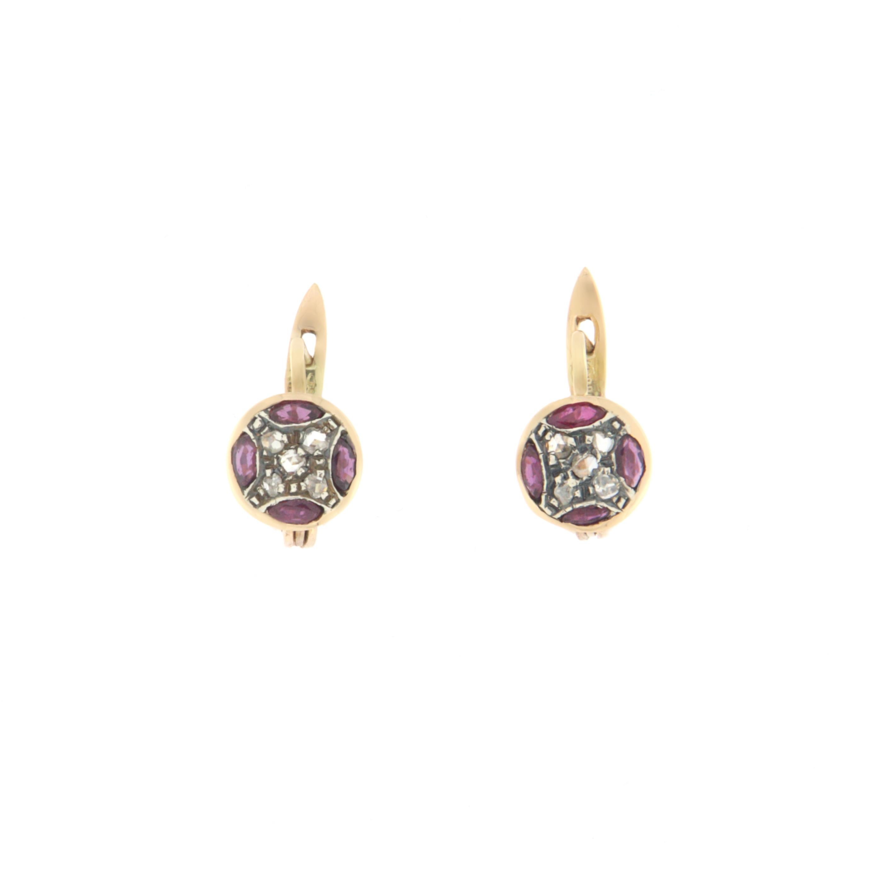 Marquise Cut Diamonds Rubies Yellow Gold 14 Carat Stud Earring For Sale
