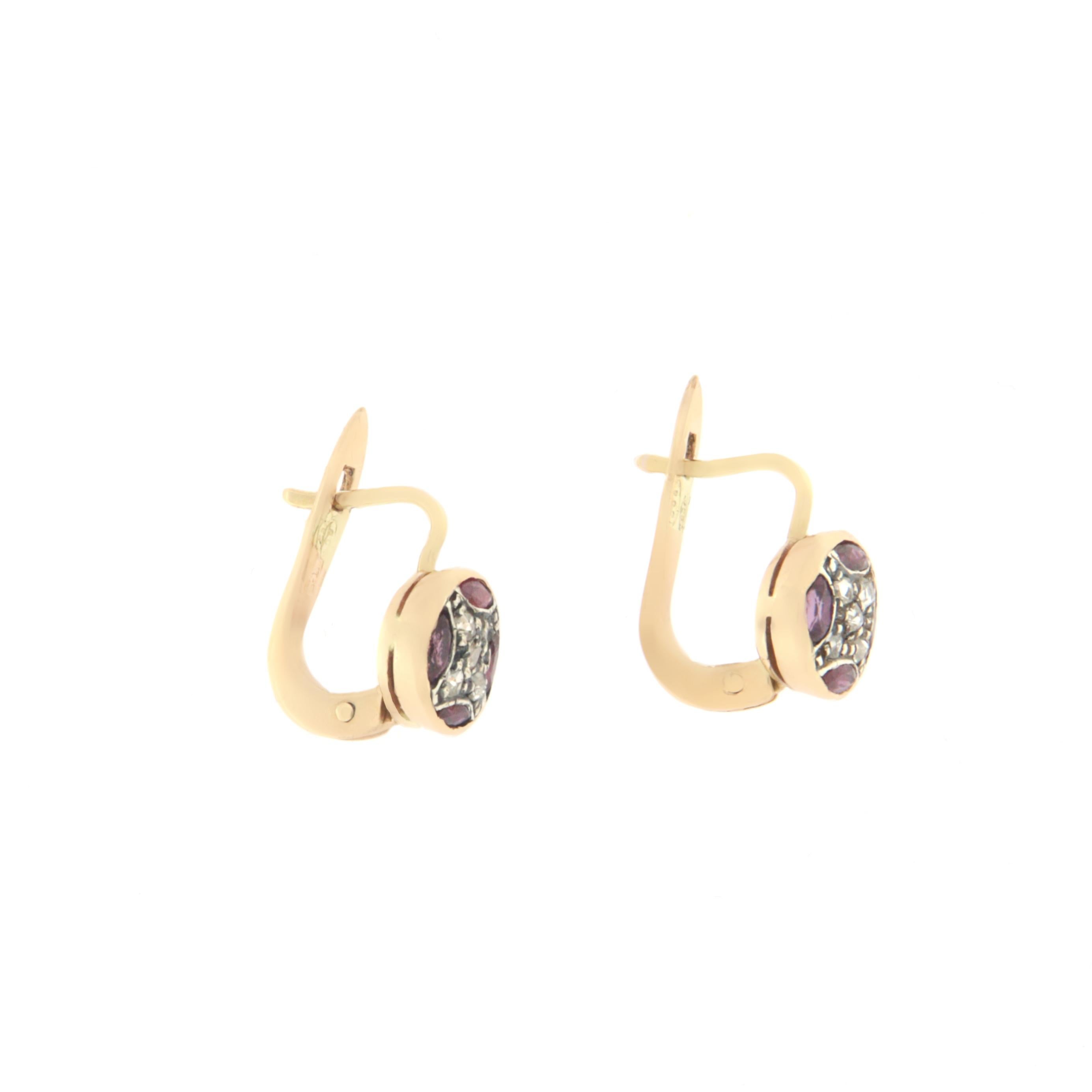 Women's Diamonds Rubies Yellow Gold 14 Carat Stud Earring For Sale