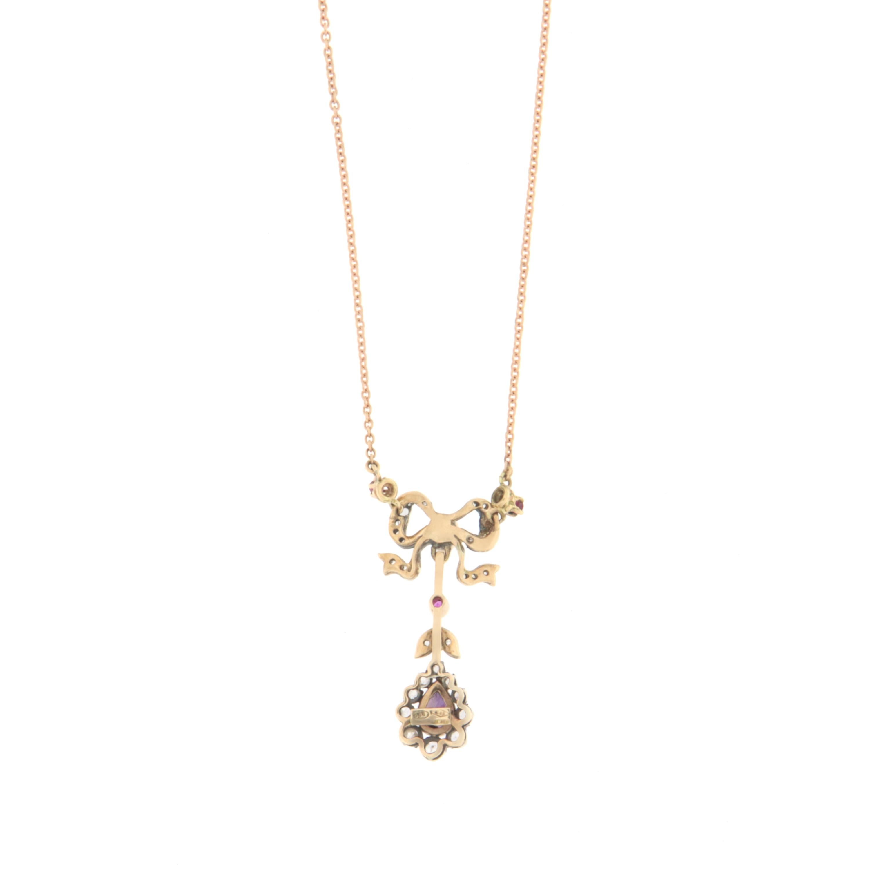Artist Diamonds Rubies Yellow Gold 14 Karat Silver Pendant Necklace For Sale