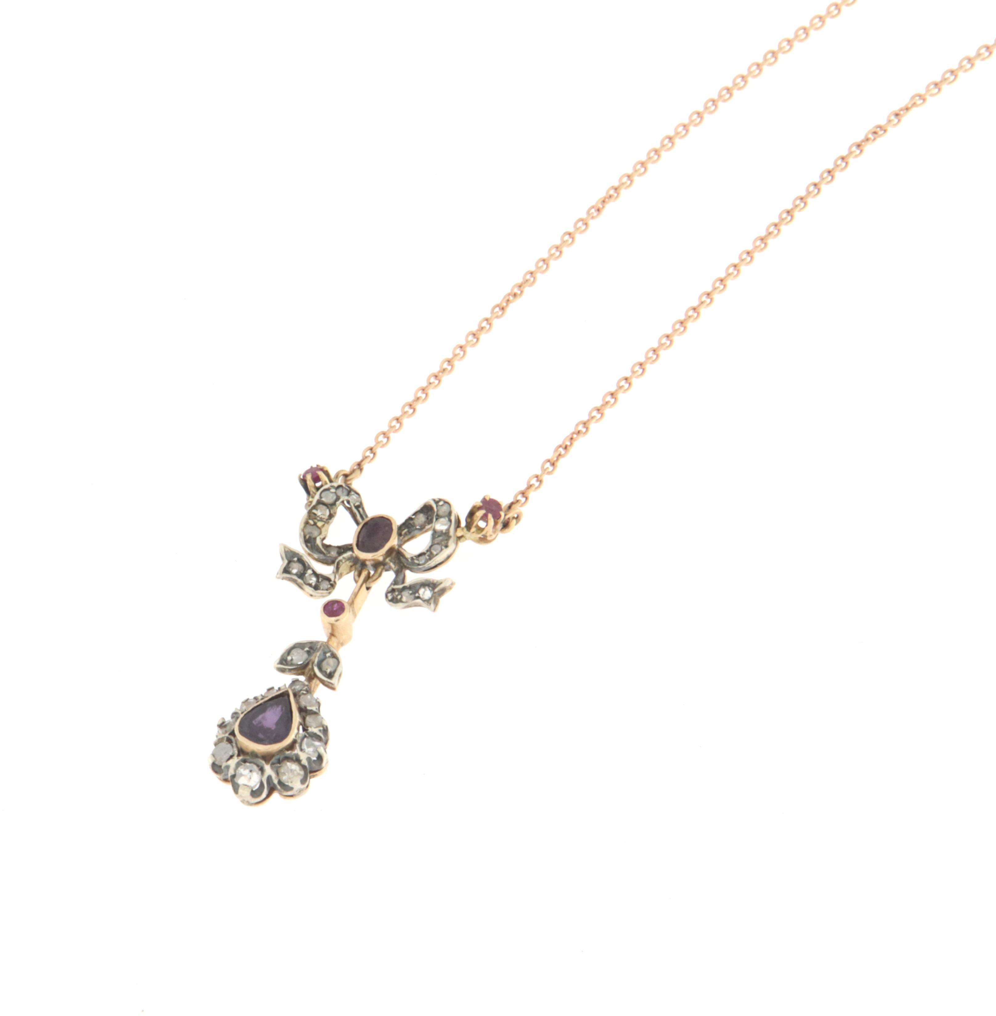 Rose Cut Diamonds Rubies Yellow Gold 14 Karat Silver Pendant Necklace For Sale