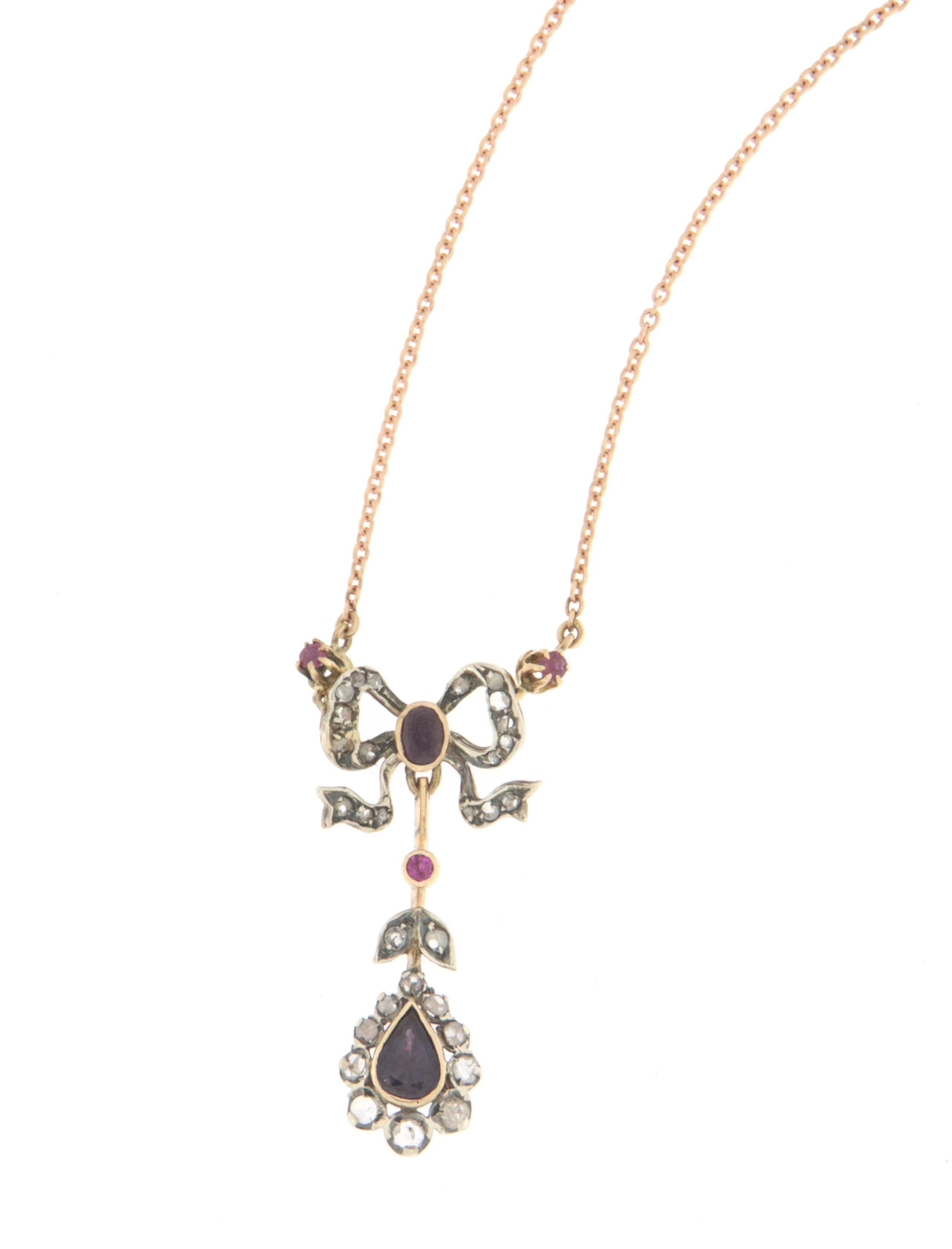Diamanten Rubine Gelbgold 14 Karat Silber Anhänger Halskette im Zustand „Hervorragend“ im Angebot in Marcianise, IT