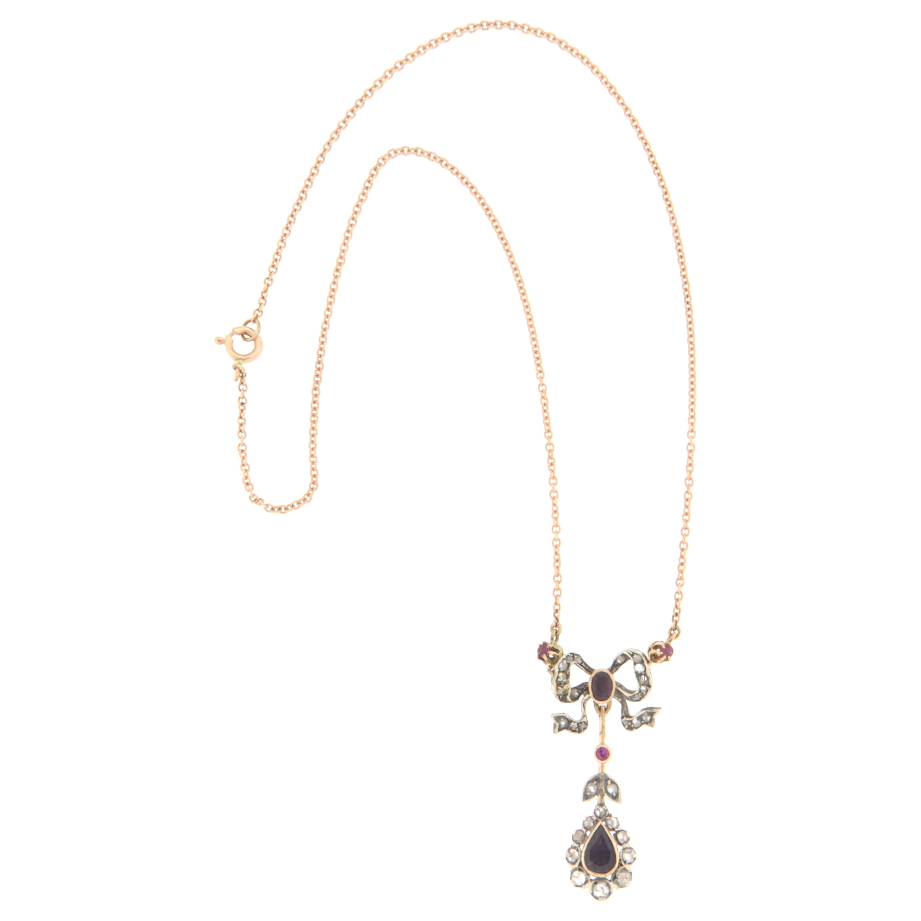 Diamonds Rubies Yellow Gold 14 Karat Silver Pendant Necklace