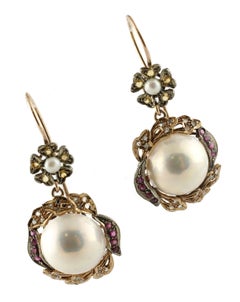 Diamonds Rubies Yellow Sapphires Pearls Rose Gold and Silver Earrings