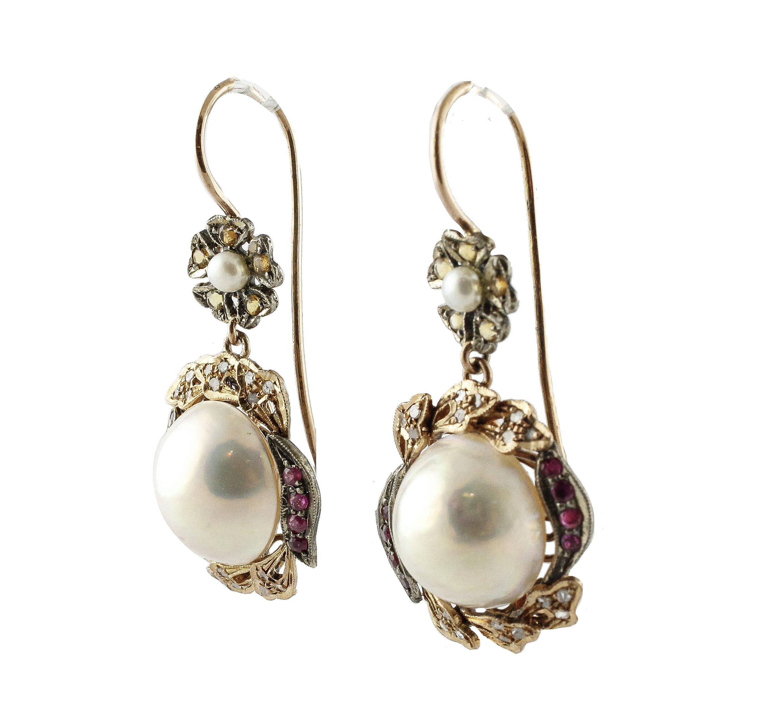 Diamonds Rubies Yellow Sapphires Pearls Rose Gold and Silver Earrings (Retro)